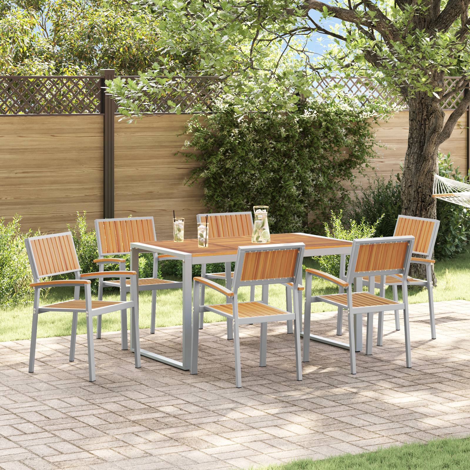 vidaXL 7-teiliges Gartentisch-Set aus massivem Akazienholz und Metall