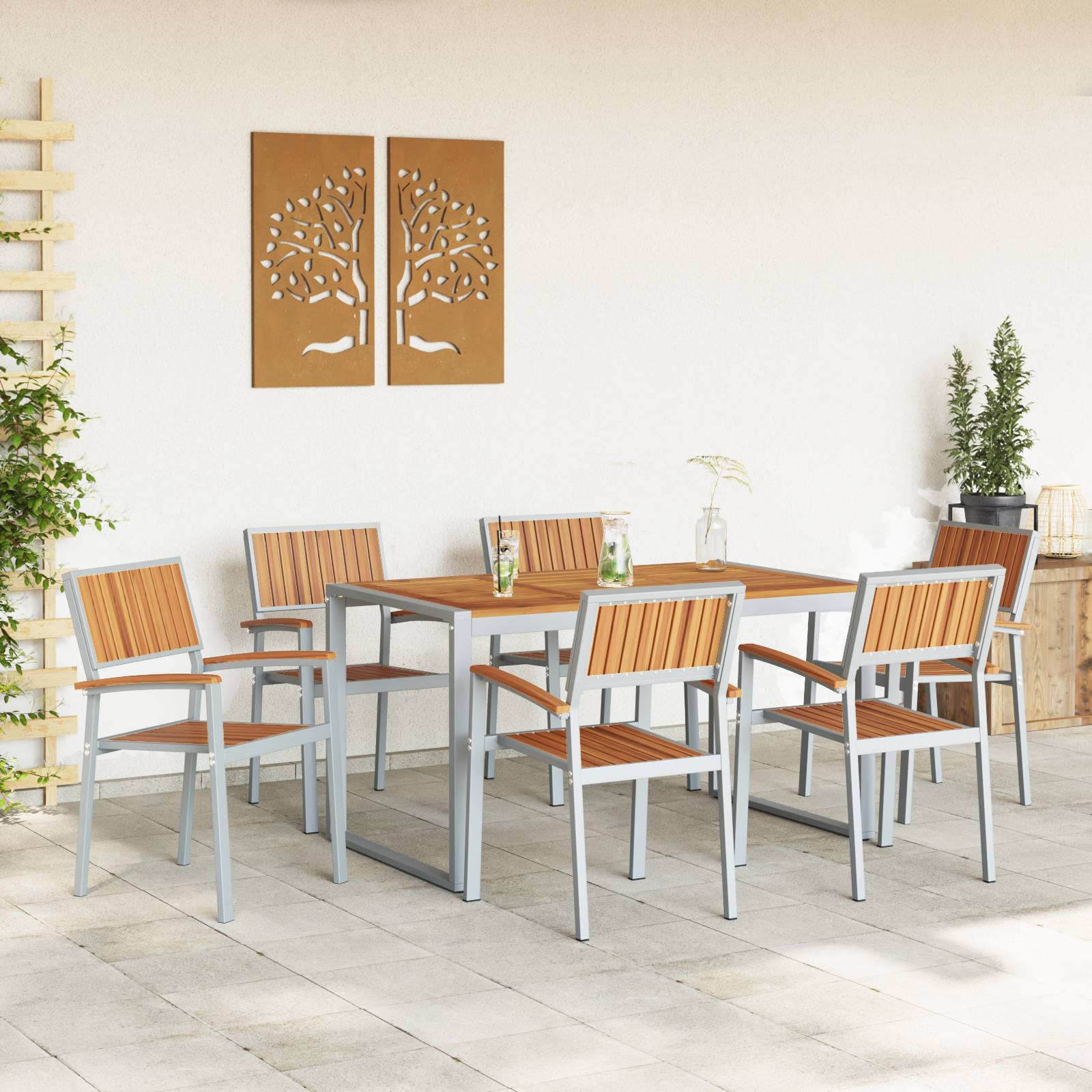 vidaXL 7-teiliges Gartentisch-Set aus massivem Akazienholz und Metall