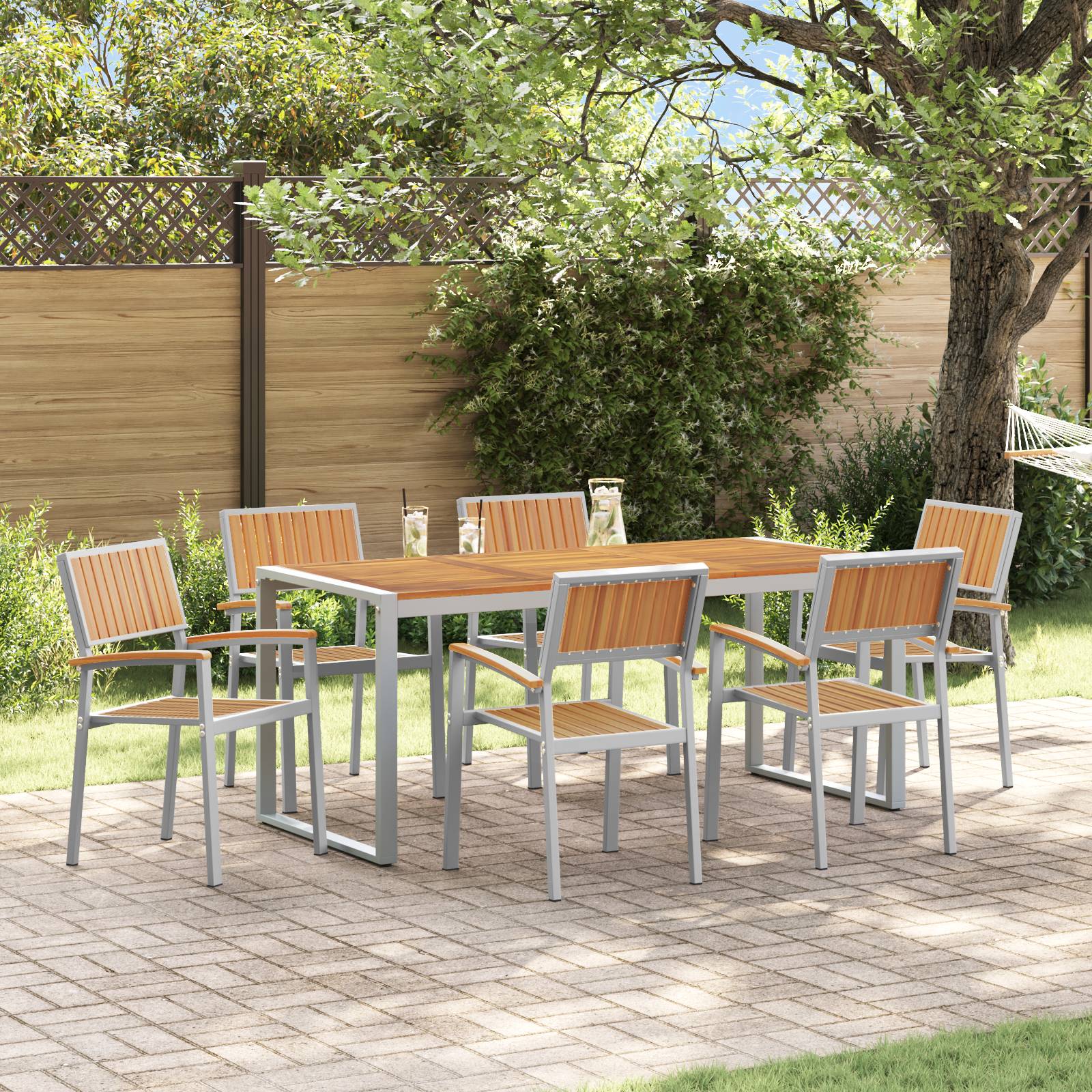vidaXL 7-teiliges Garten-Esszimmer-Set aus massivem Akazienholz und Metall