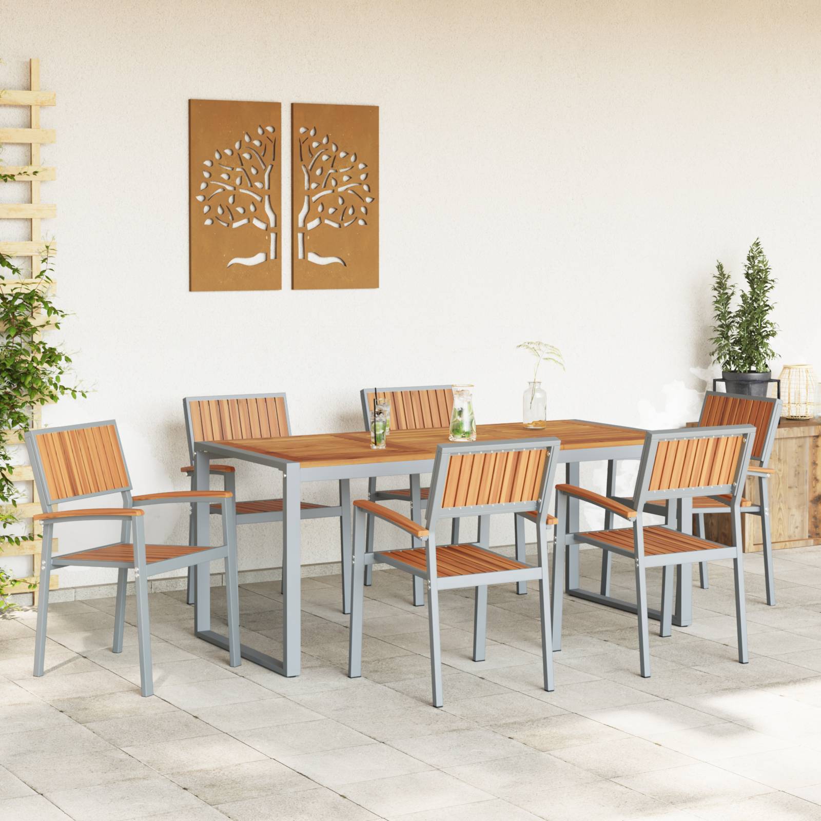 vidaXL 7-teiliges Garten-Esszimmer-Set aus massivem Akazienholz und Metall
