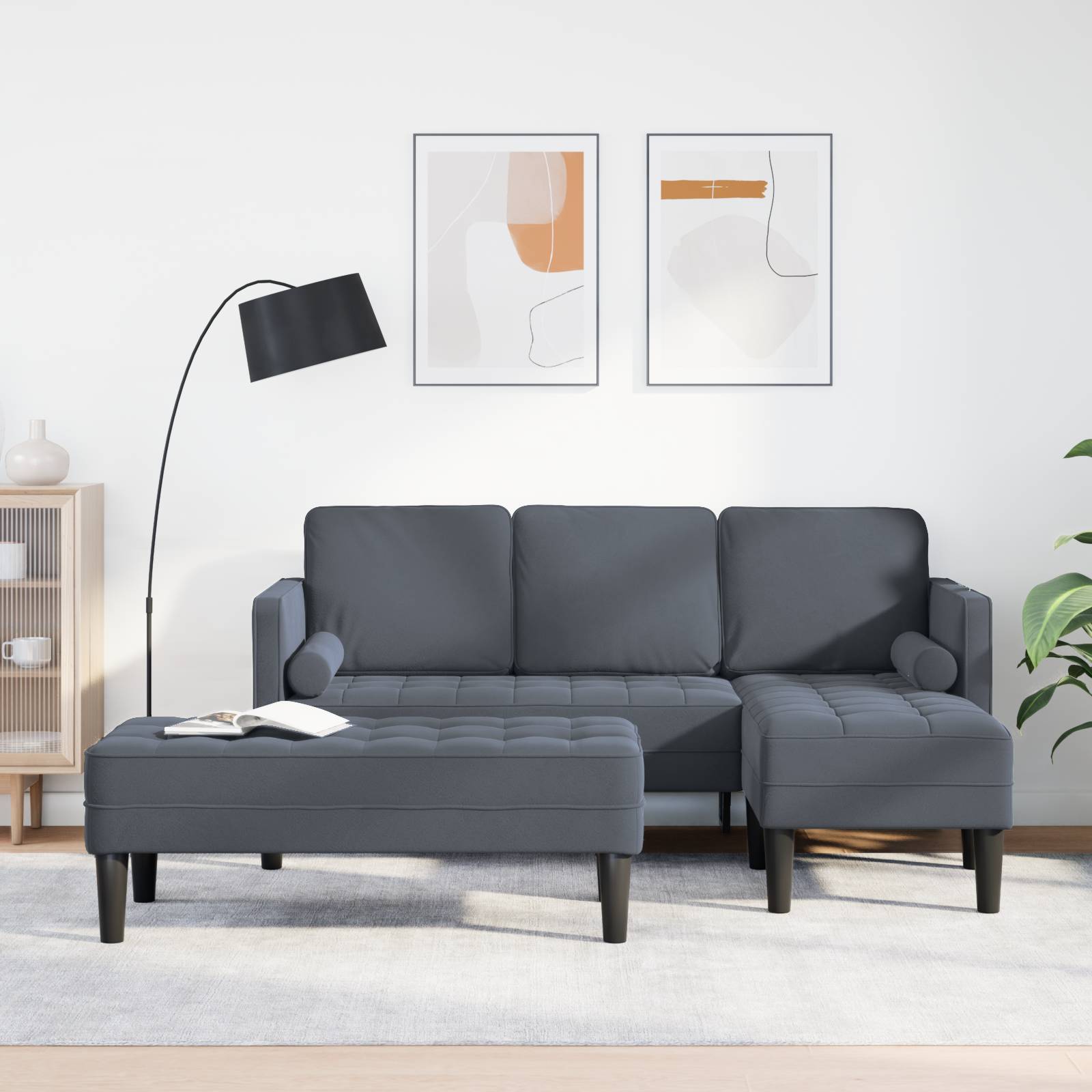 vidaXL Garten Sofa mit Bank und Kissen L-förmig Dunkelgraues Velvet