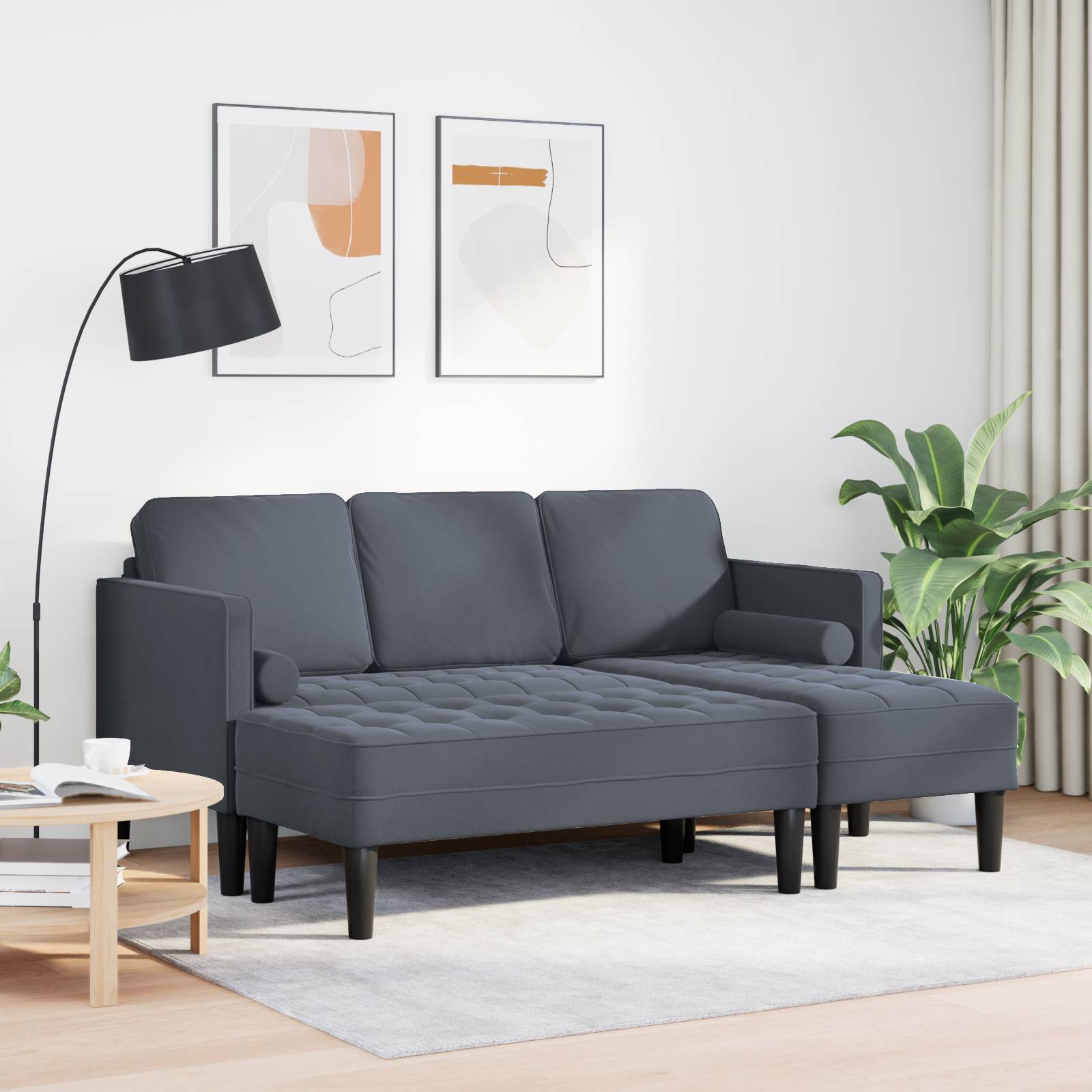 vidaXL Garten Sofa mit Bank und Kissen L-förmig Dunkelgraues Velvet