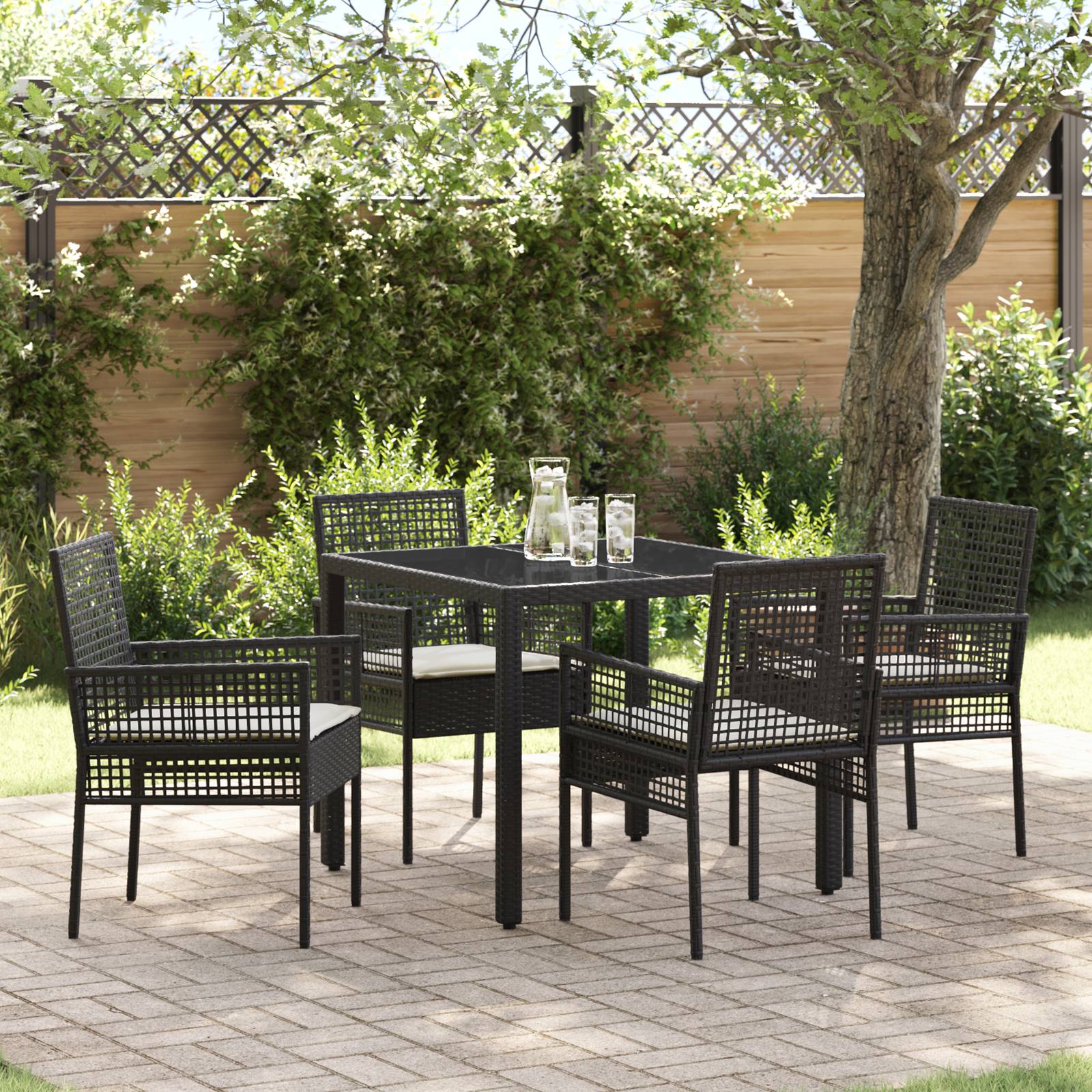 vidaXL 5-tlg. Garten-Essgruppe mit Kissen Schwarz Poly Rattan