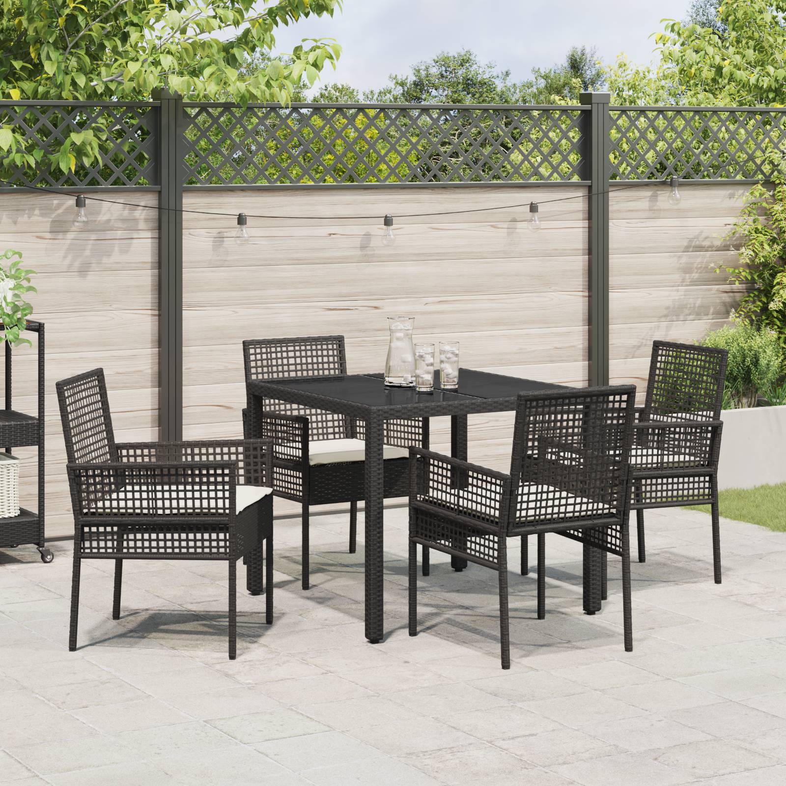 vidaXL 5-tlg. Garten-Essgruppe mit Kissen Schwarz Poly Rattan