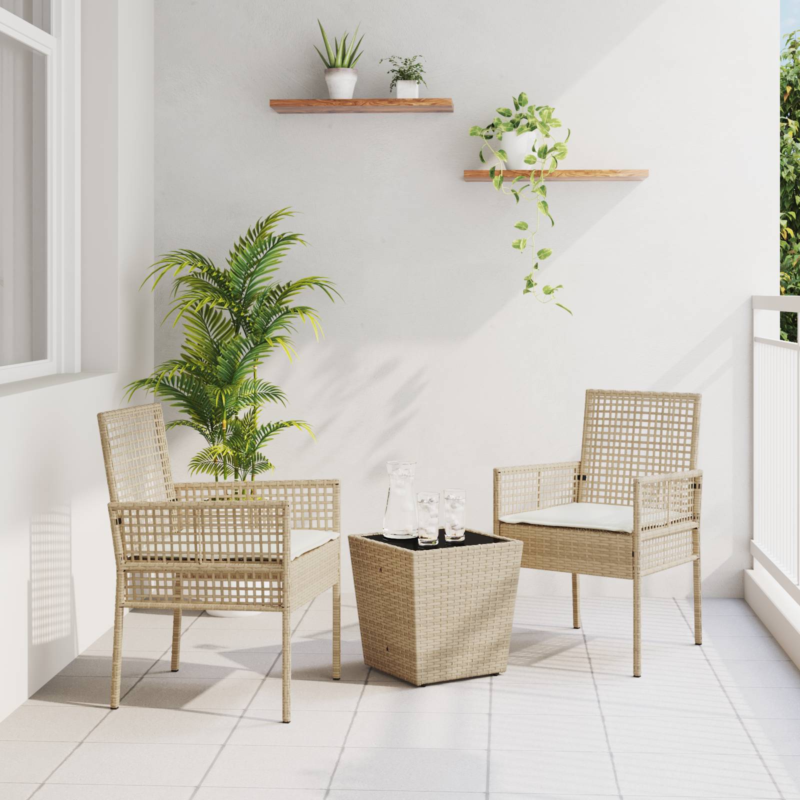 vidaXL 3-tlg. Garten-Bistroset mit Kissen Beige Poly Rattan