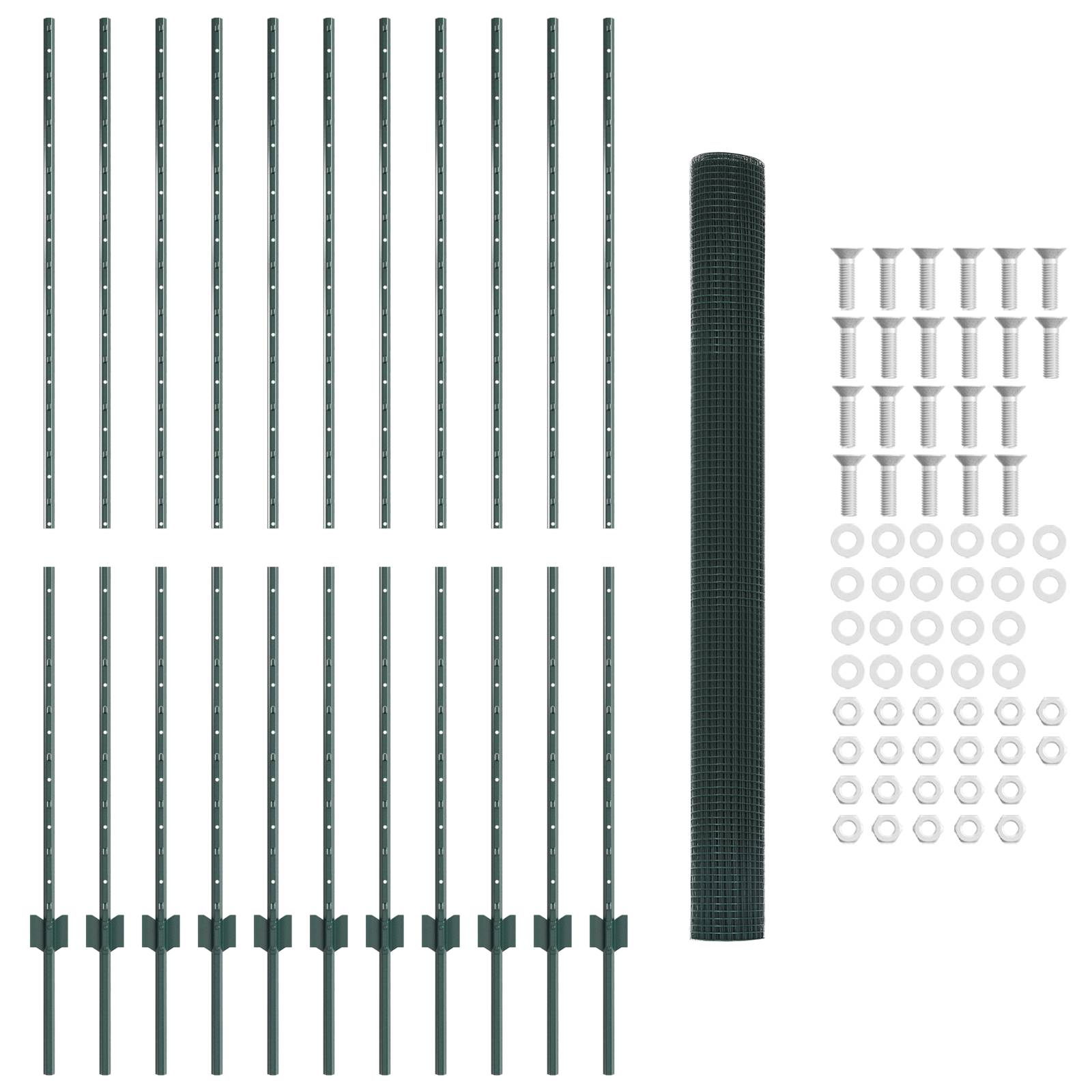 vidaXL Schweißdrahtzaun mit 11 U-Pfosten Grün 1.6x25 m Stahl