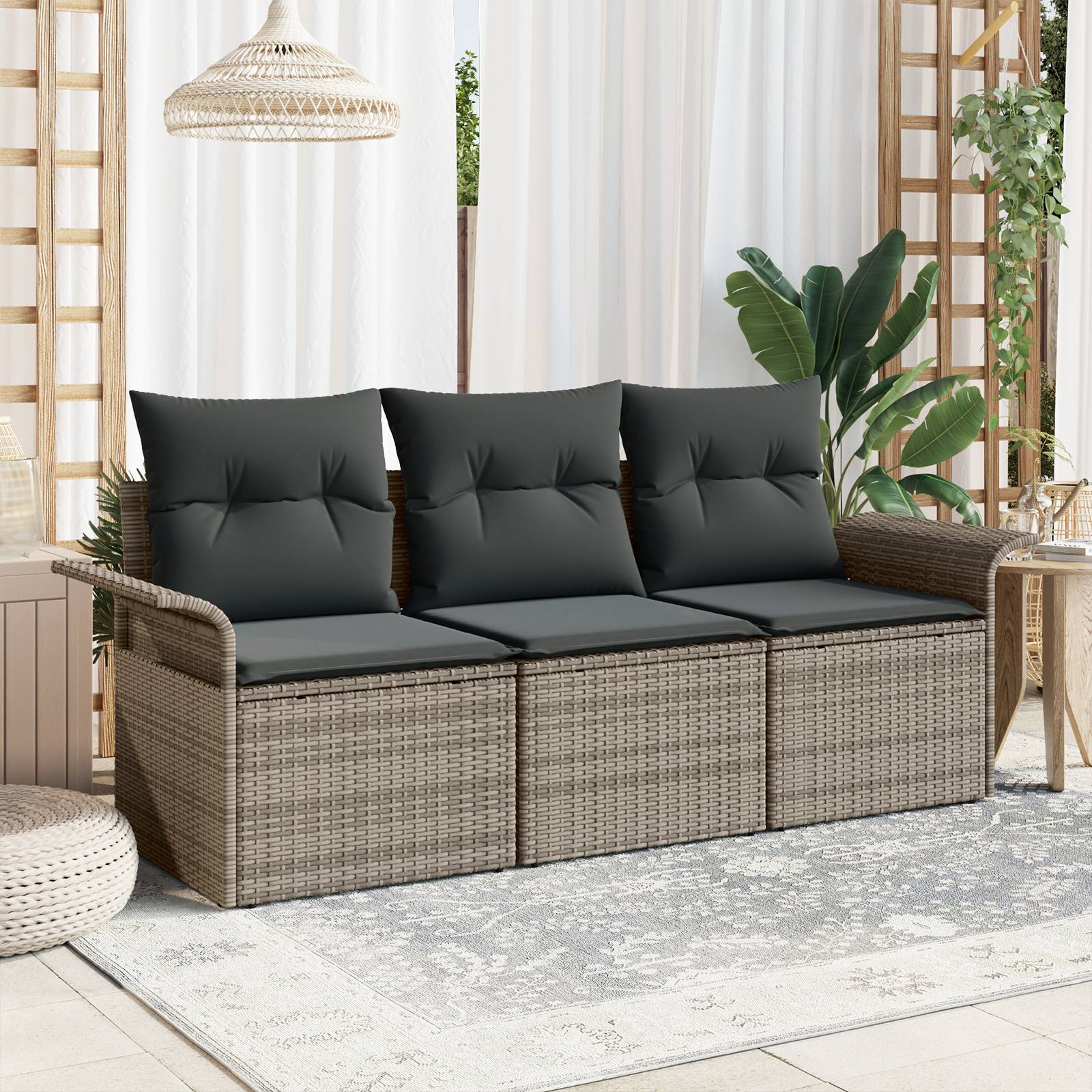 vidaXL 3-teiliges Garten-Sofa-Set mit Kissen in Grau aus Poly-Rattan