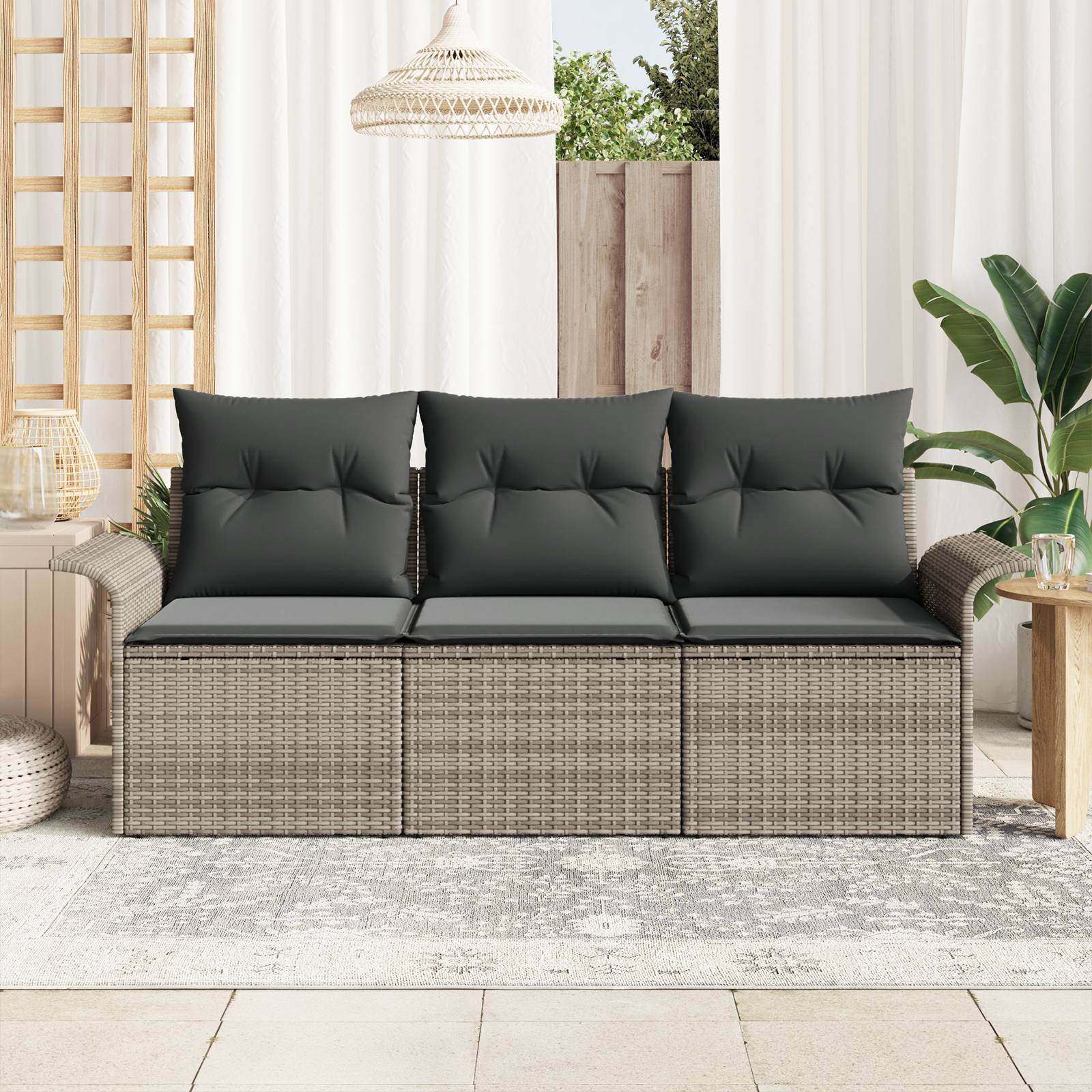 vidaXL 3-teiliges Garten-Sofa-Set mit Kissen in Grau aus Poly-Rattan