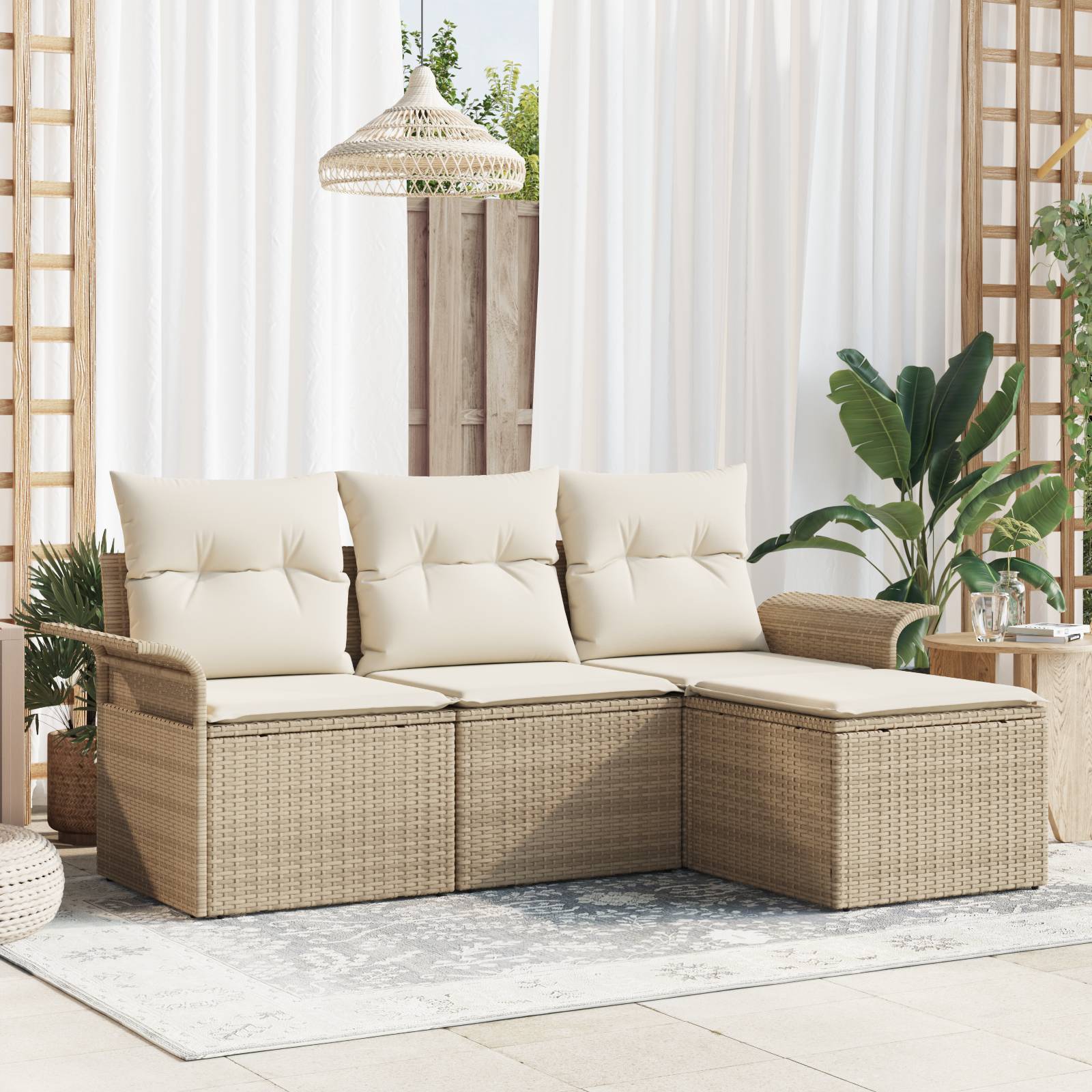 vidaXL 4-teiliges Garten Sofa Set mit Kissen Beige Poly Rattan