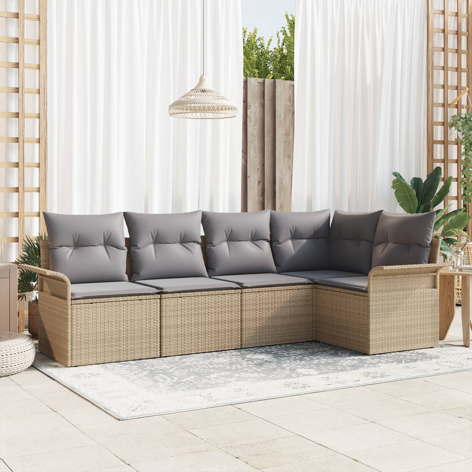 vidaXL 5-teiliges Garten Sofaset mit Kissen Beige Poly Rattan