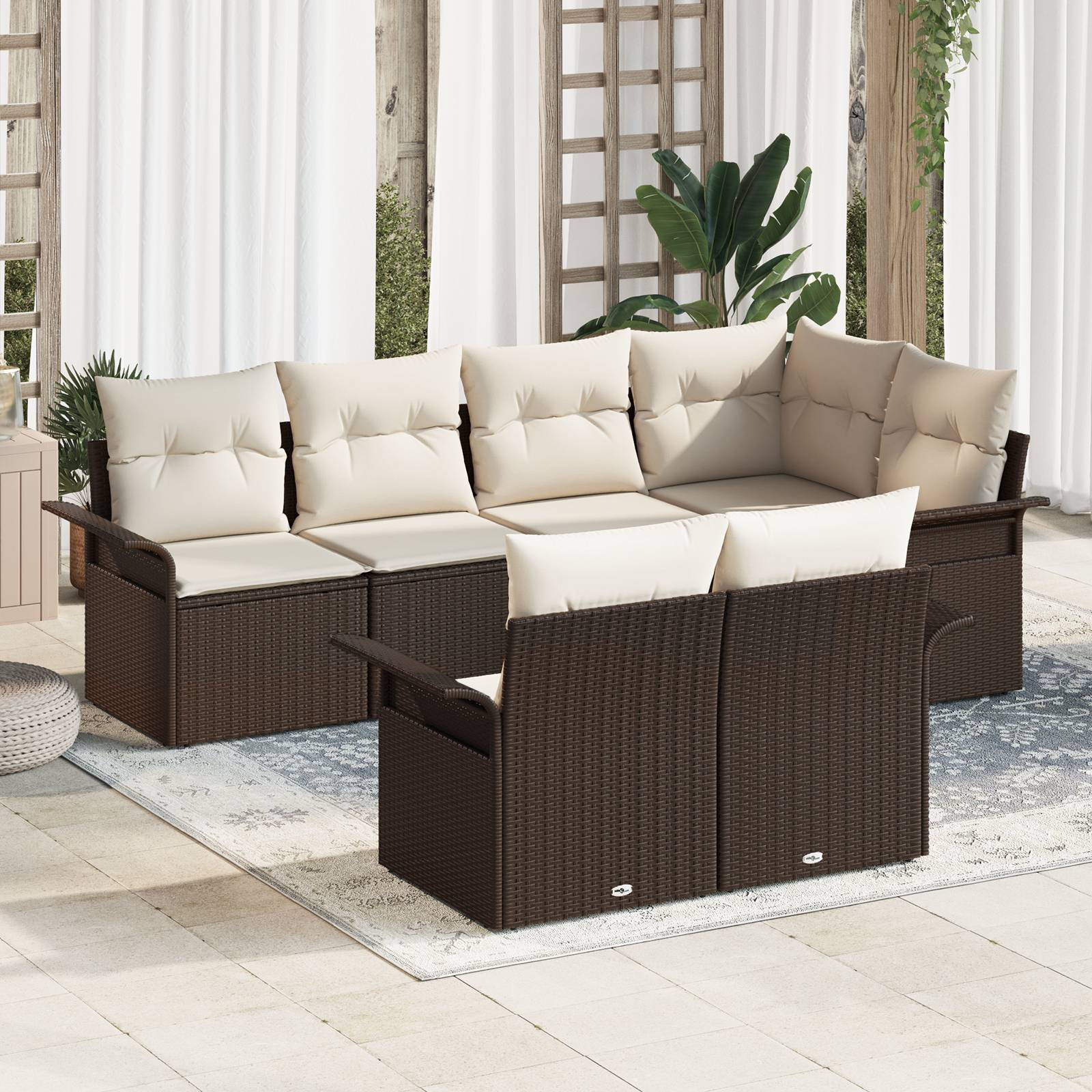 vidaXL 7-teiliges Gartensofa-Set mit Kissen in braunem Poly-Rattan