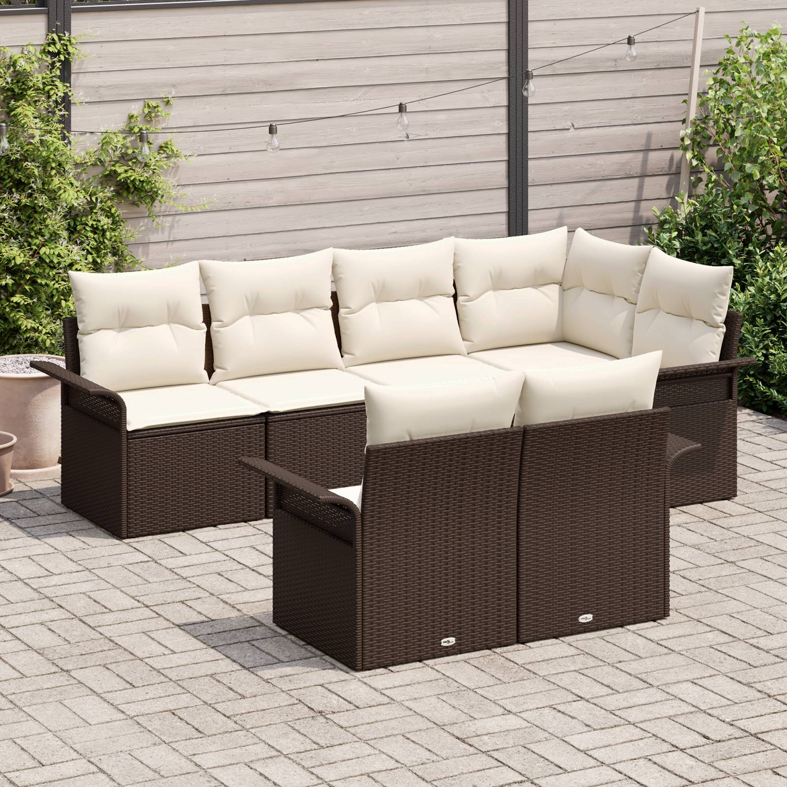 vidaXL 7-teiliges Gartensofa-Set mit Kissen in braunem Poly-Rattan