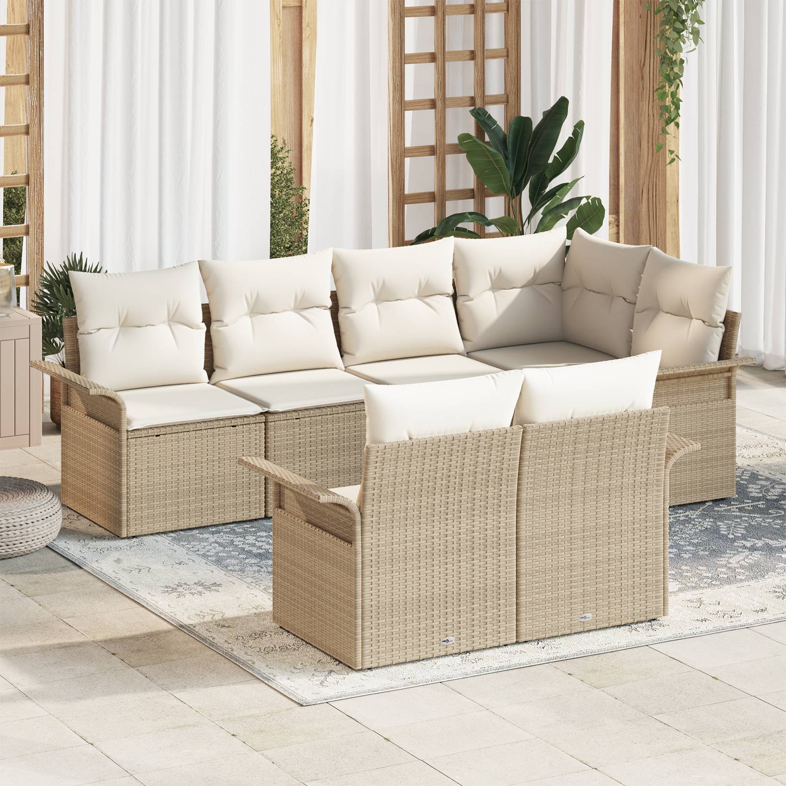 vidaXL 7-teiliges Garten Sofa Set mit Kissen Beige Poly Rattan