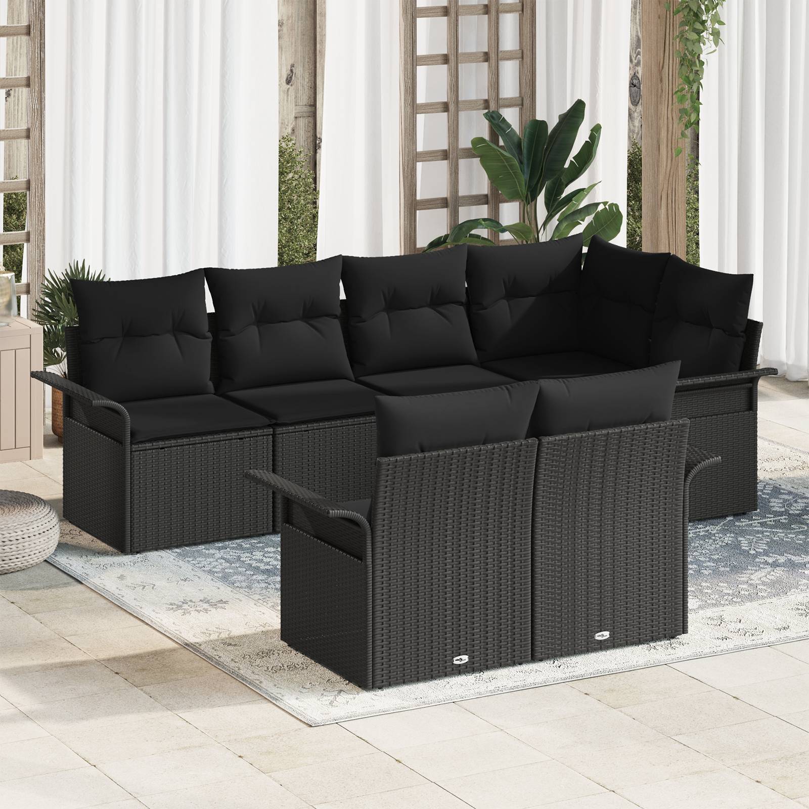 vidaXL 7-teiliges Garten-Sofa-Set mit Kissen Schwarz Poly-Rattan