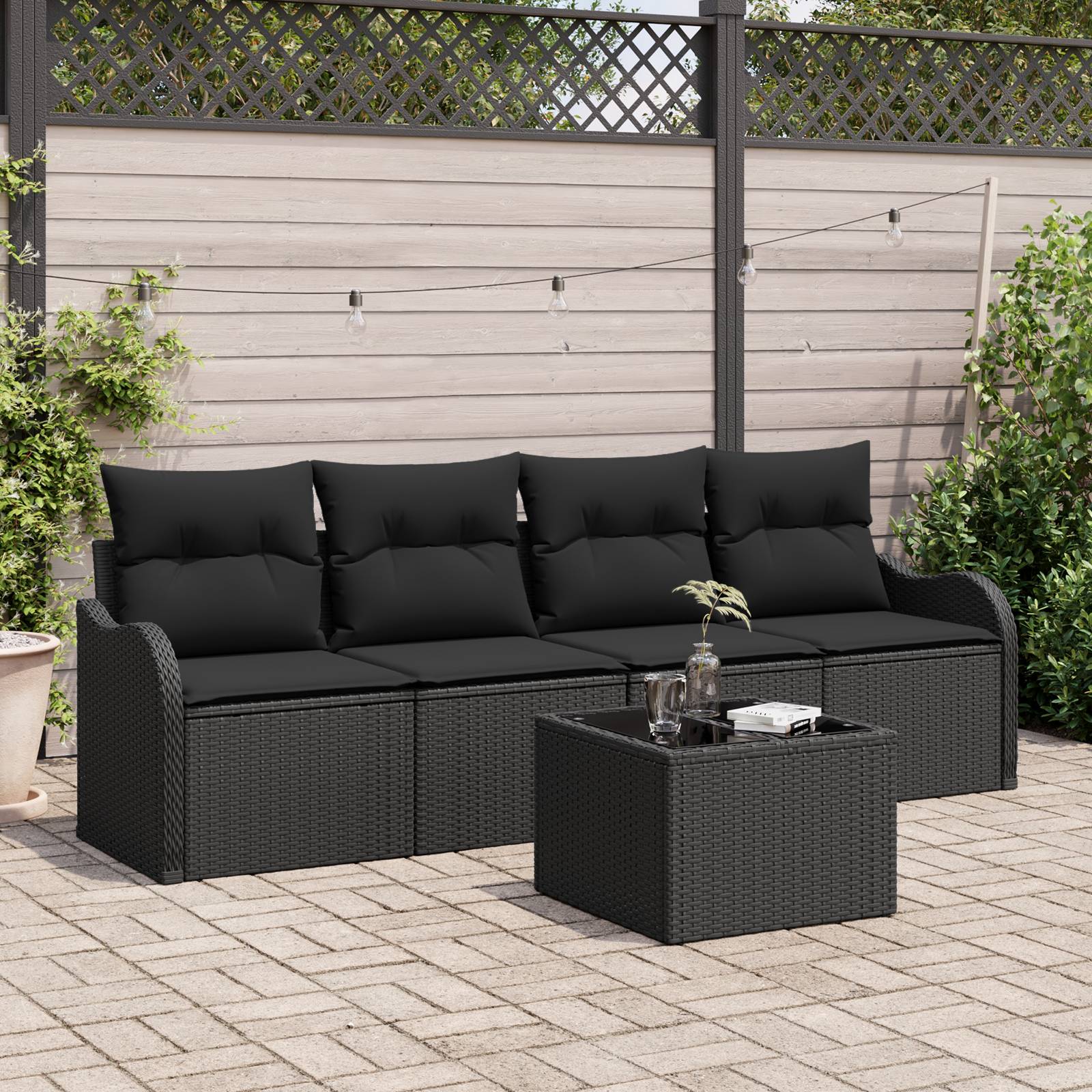 vidaXL 5-teiliges Garten-Sofa-Set mit Kissen Schwarz Poly Rattan