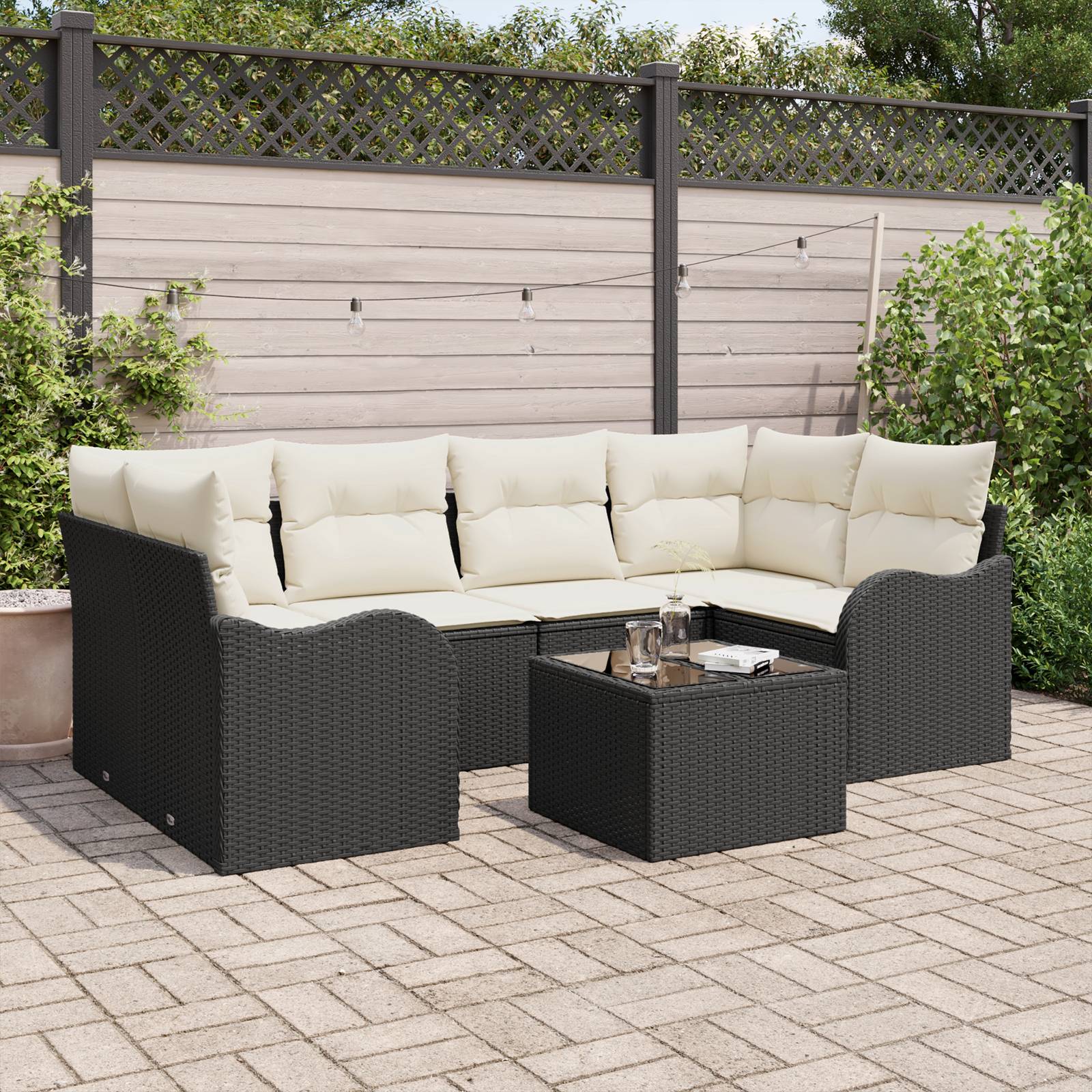 vidaXL 7-teiliges Garten Sofa Set mit Kissen Schwarzes Poly Rattan