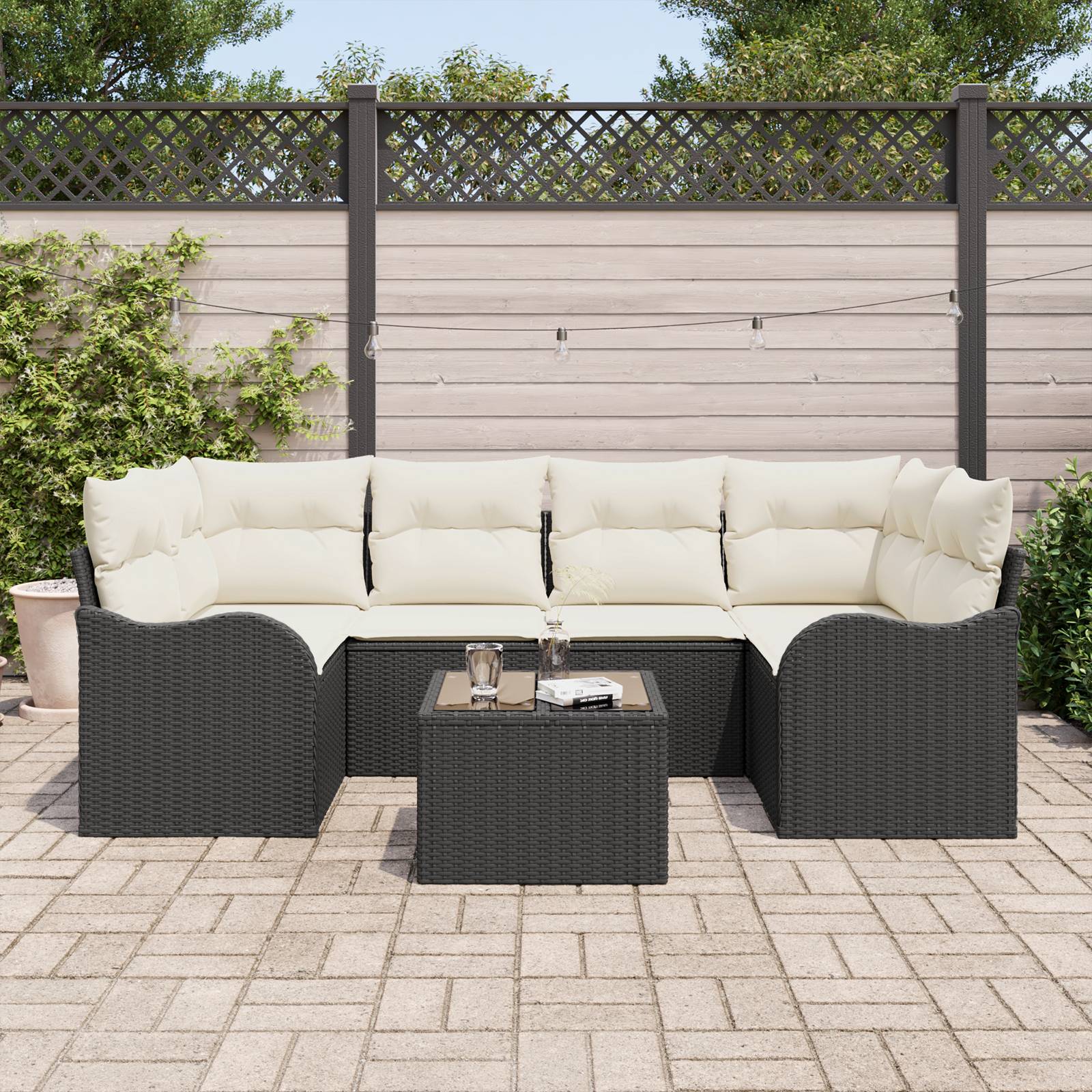 vidaXL 7-teiliges Garten Sofa Set mit Kissen Schwarzes Poly Rattan