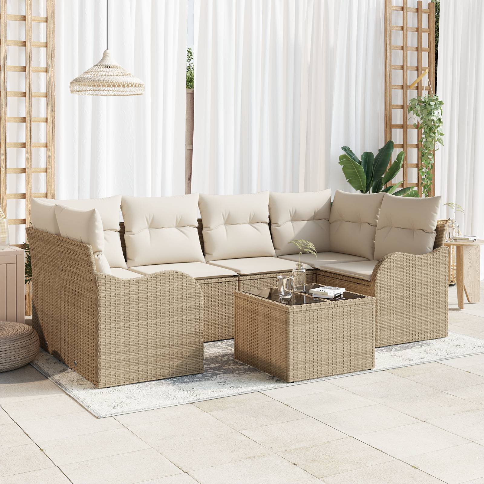 vidaXL 7-teiliges Garten Sofa Set mit Kissen Beige Poly Rattan