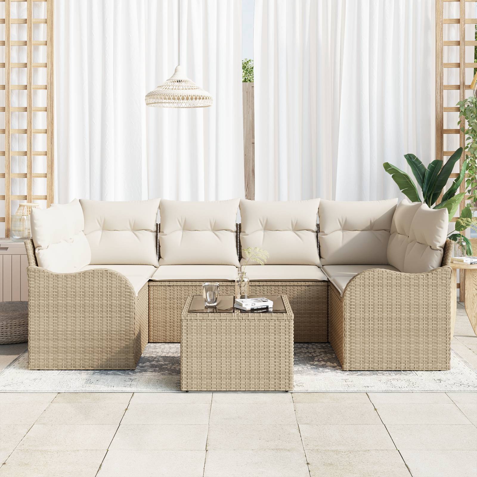 vidaXL 7-teiliges Garten Sofa Set mit Kissen Beige Poly Rattan