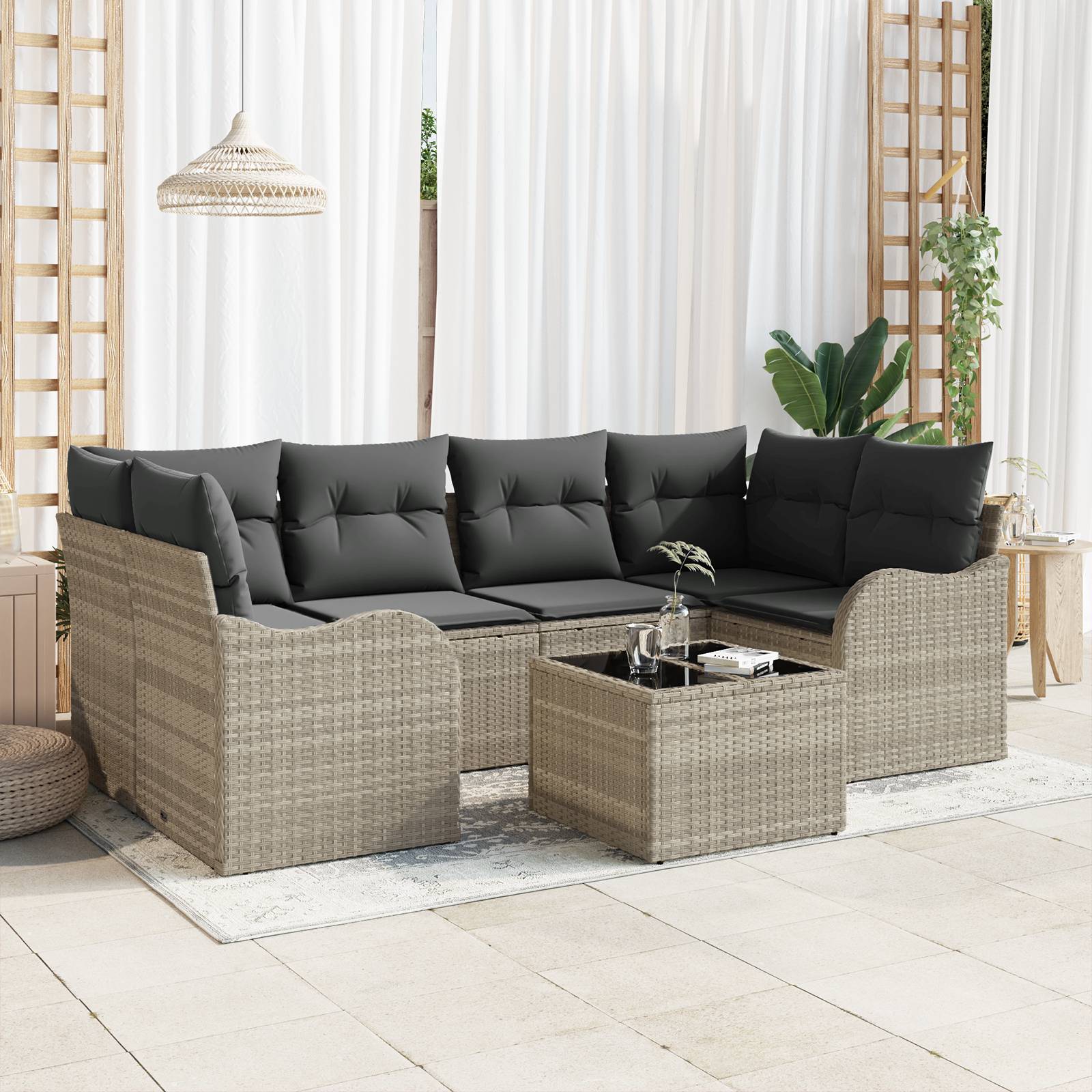 vidaXL 7-tlg. Garten-Sofagarnitur mit Kissen Hellgrau Poly Rattan