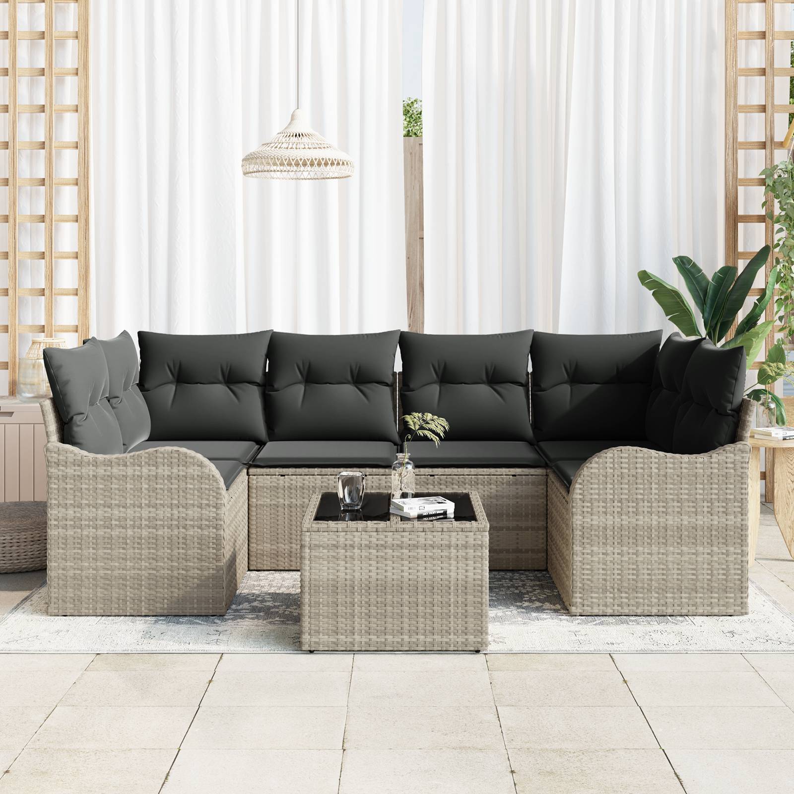 vidaXL 7-tlg. Garten-Sofagarnitur mit Kissen Hellgrau Poly Rattan