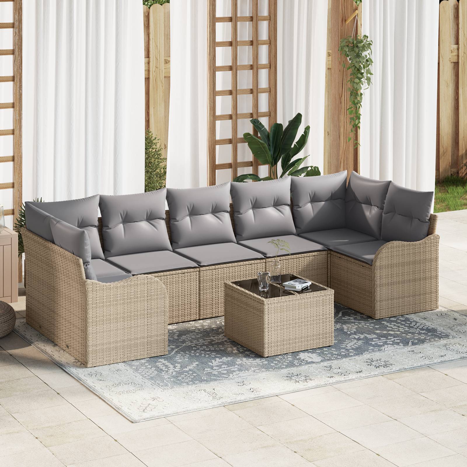 vidaXL 8-tlg. Garten-Sofagarnitur mit Kissen Beige Poly Rattan