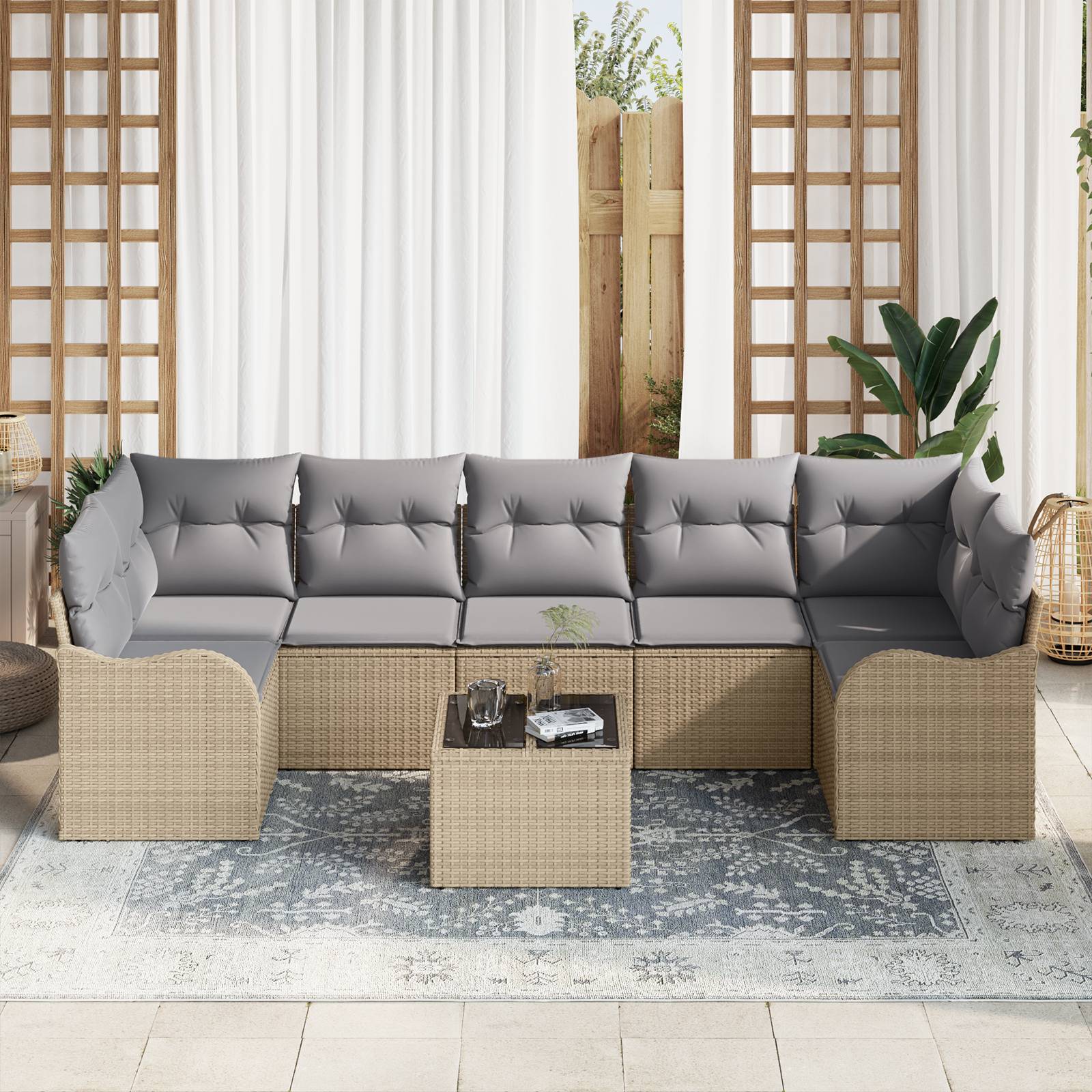 vidaXL 8-tlg. Garten-Sofagarnitur mit Kissen Beige Poly Rattan