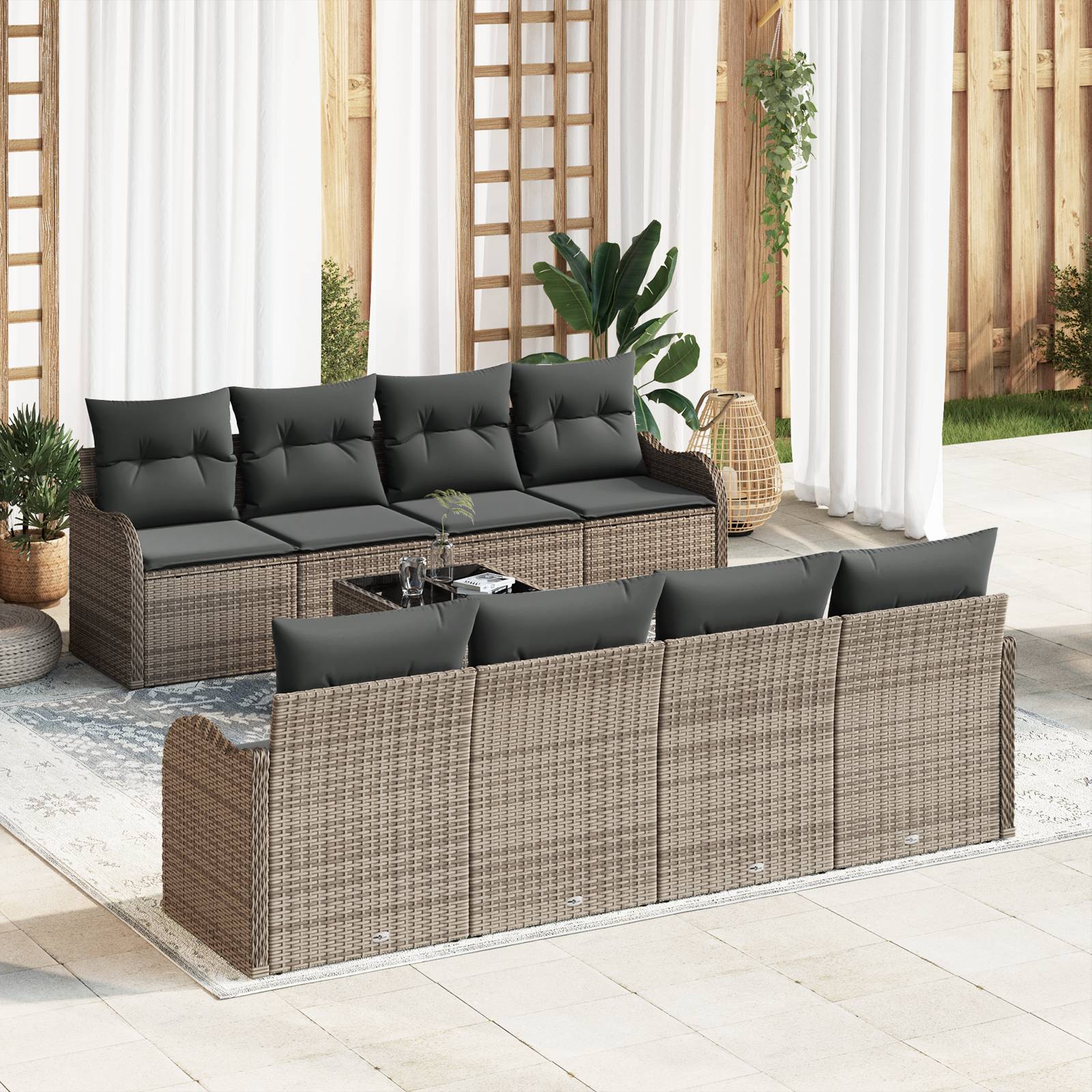 vidaXL 9-teiliges Gartensofa Set mit Kissen Grau Poly Rattan