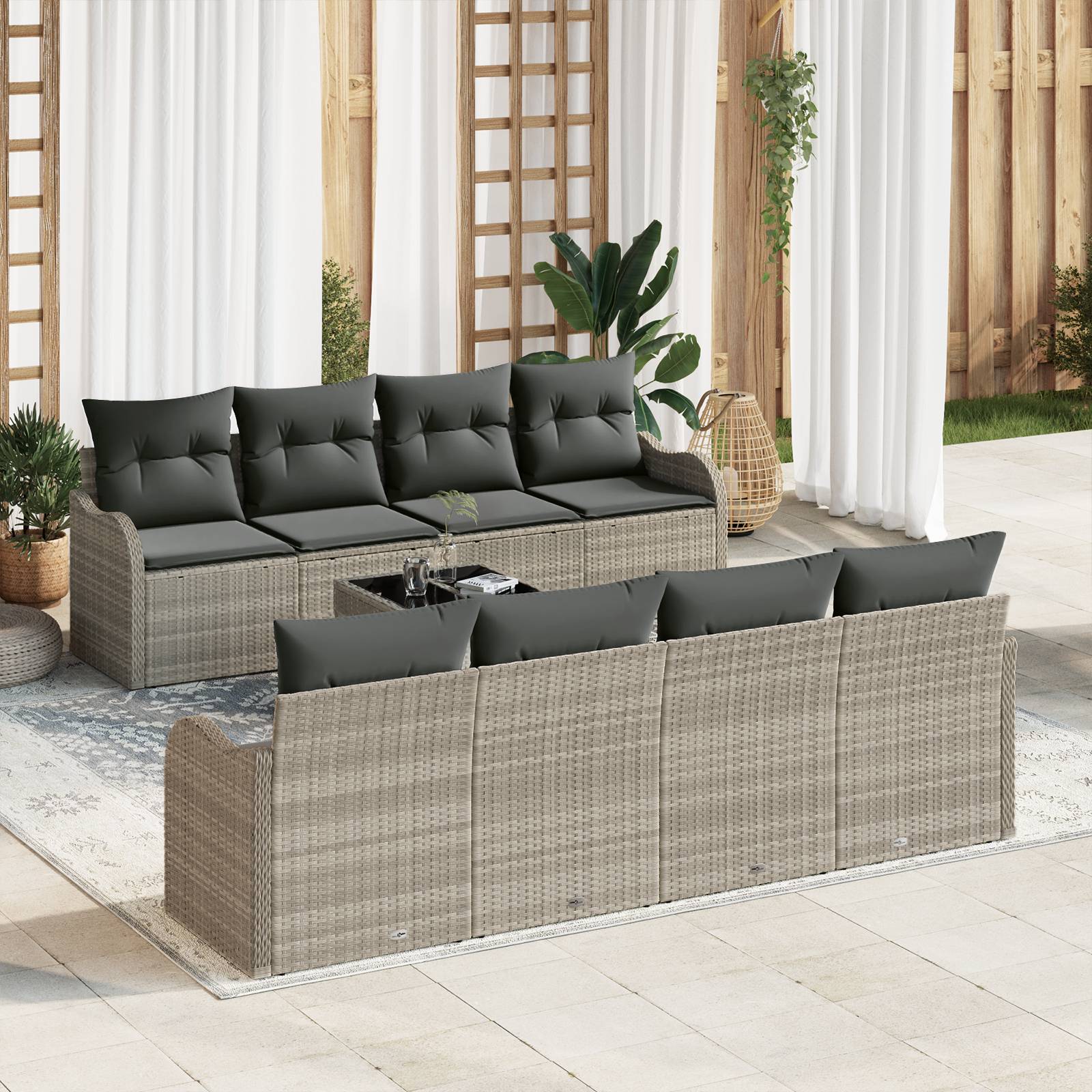 vidaXL 9-teiliges Garten Sofaset mit Kissen Hellgrau Poly Rattan