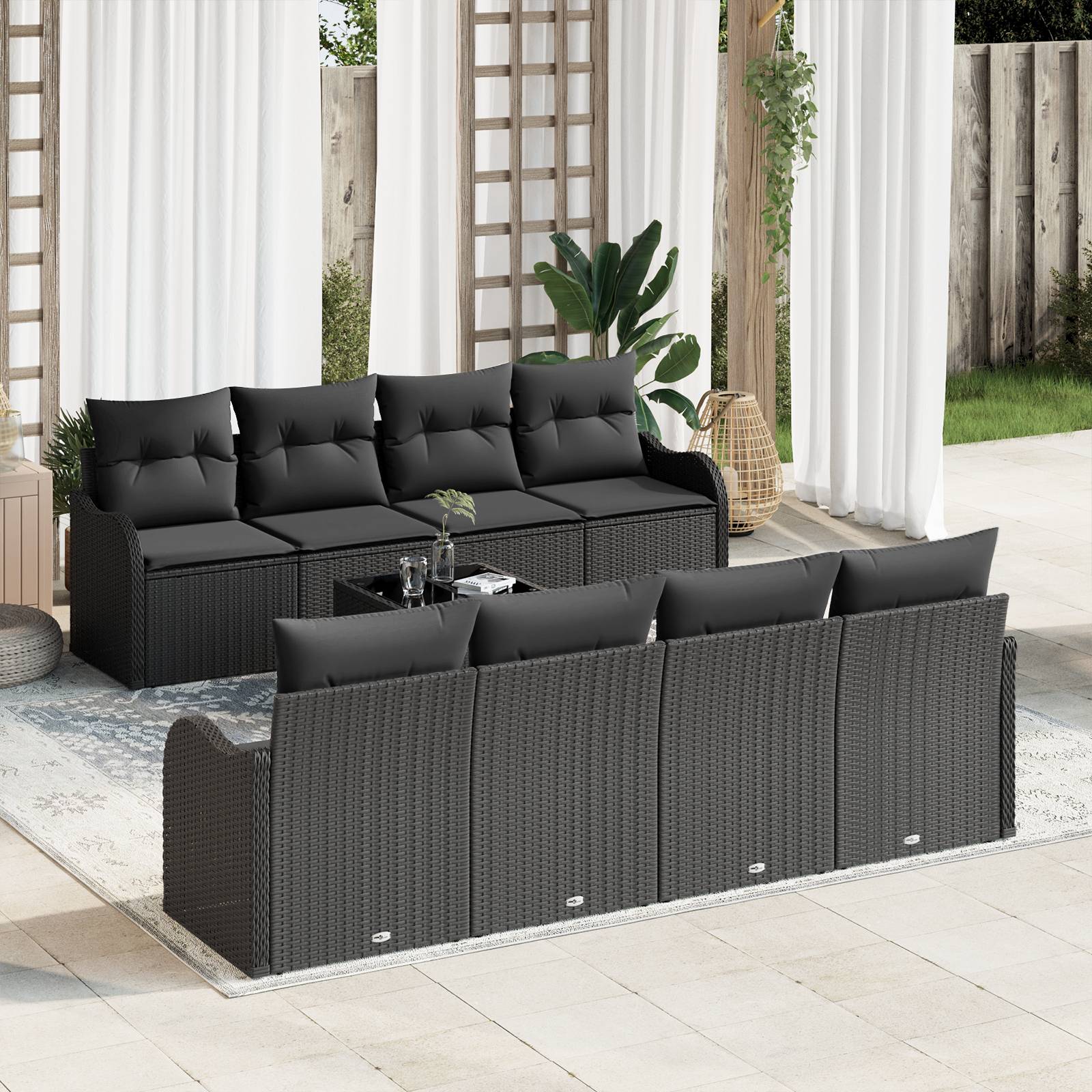 vidaXL 9-teiliges Garten-Sofa-Set mit Kissen Schwarz Poly Rattan
