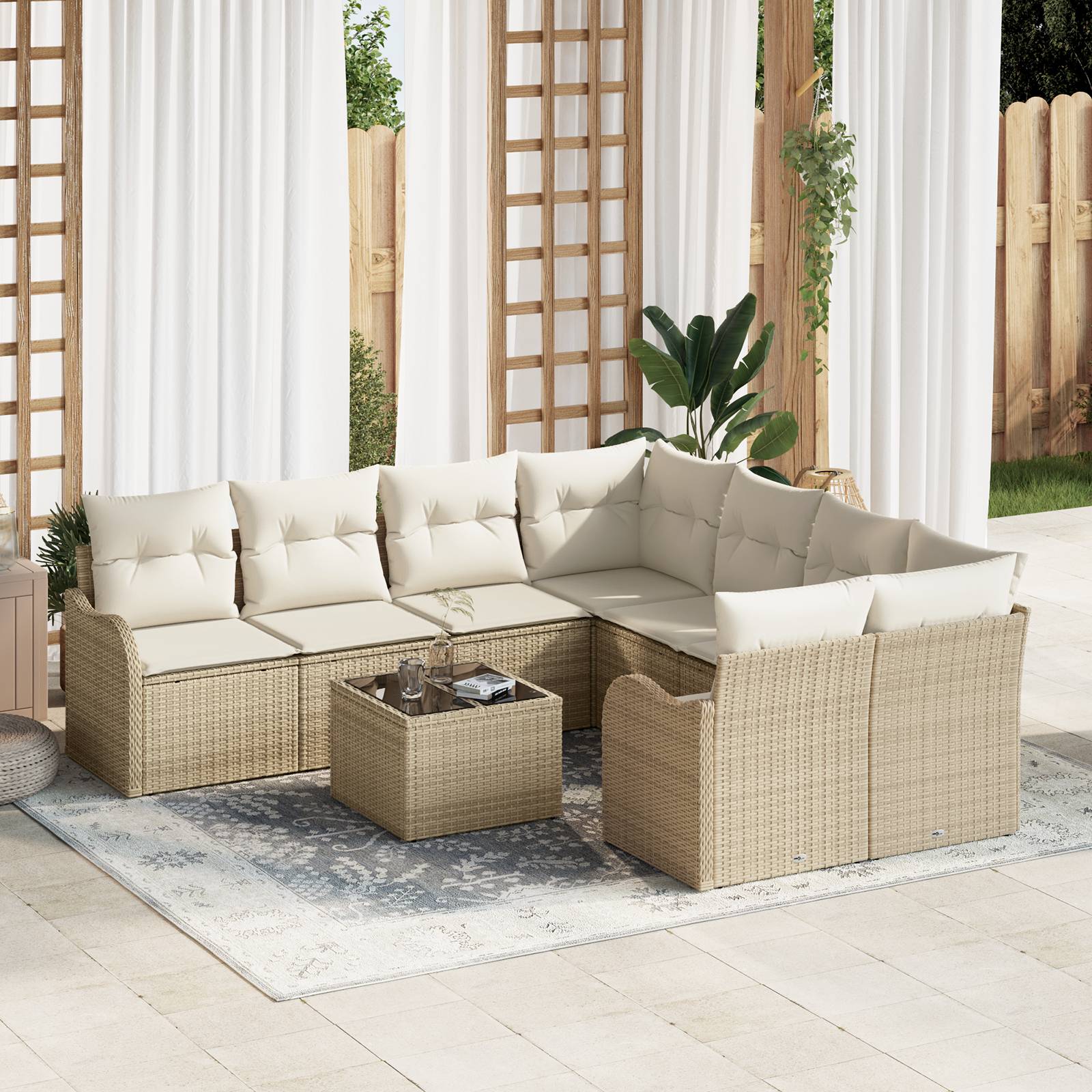 vidaXL 9-teiliges Garten Sofa Set mit Kissen Beige Poly Rattan