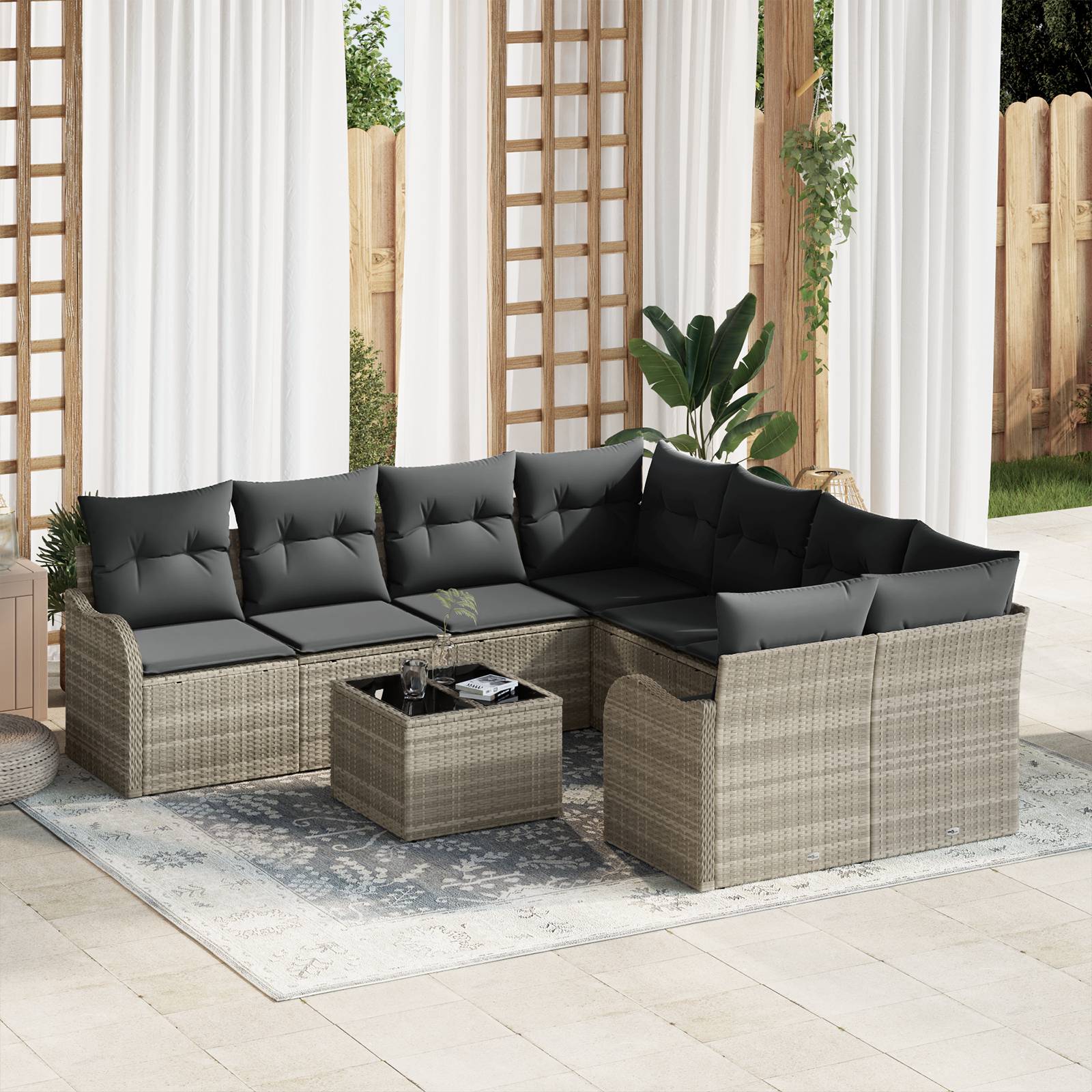 vidaXL 9-teiliges Garten Sofa Set mit Kissen Hellgrau Poly Rattan