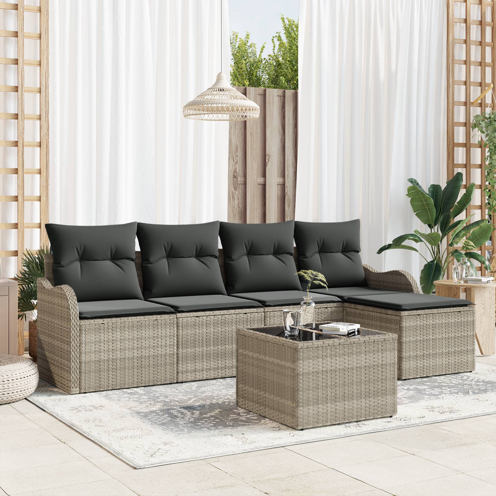 vidaXL 6-teiliges Garten Sofa Set mit Kissen Grau Poly Rattan