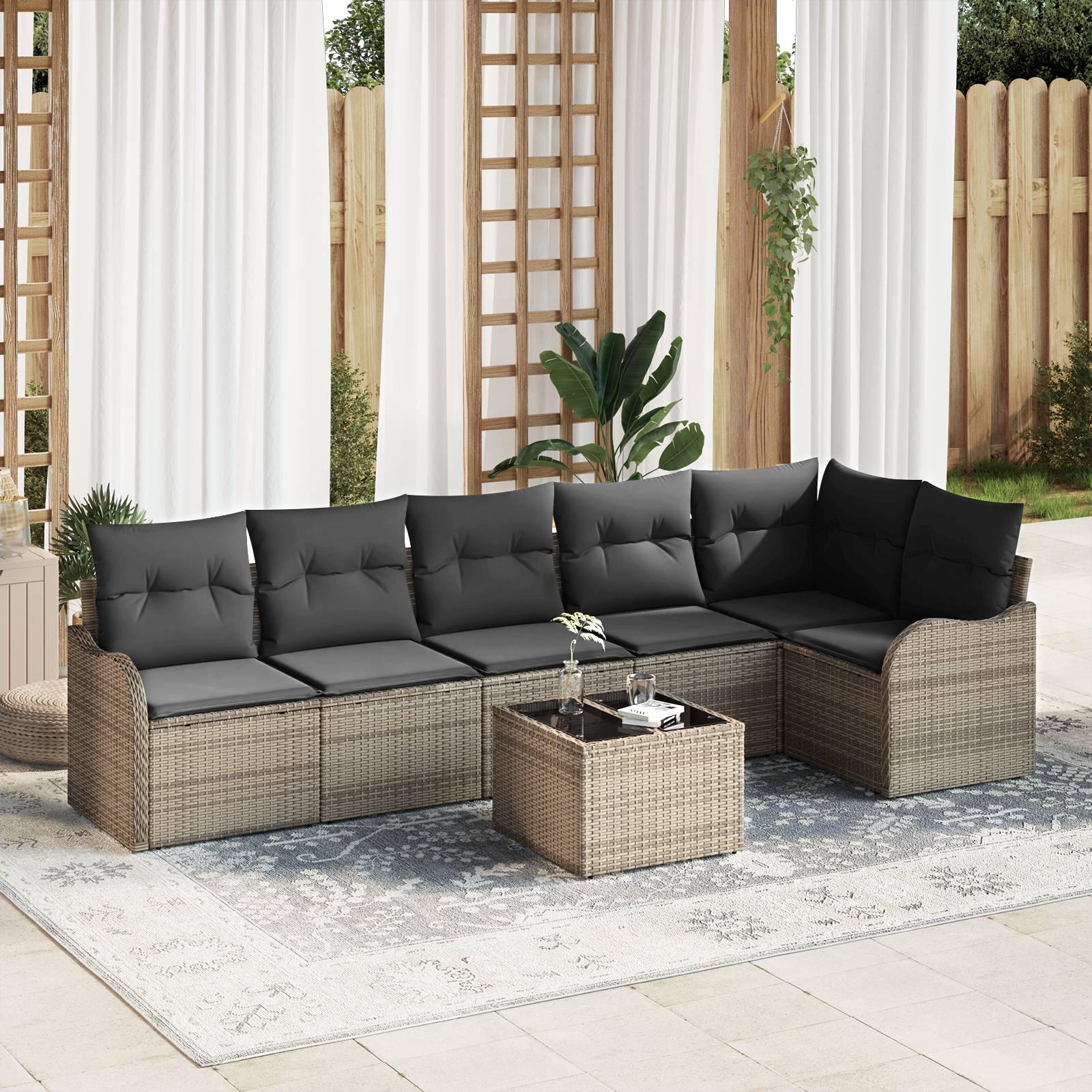 vidaXL 6-teiliges Garten Sofa Set mit Kissen Schwarz Poly Rattan