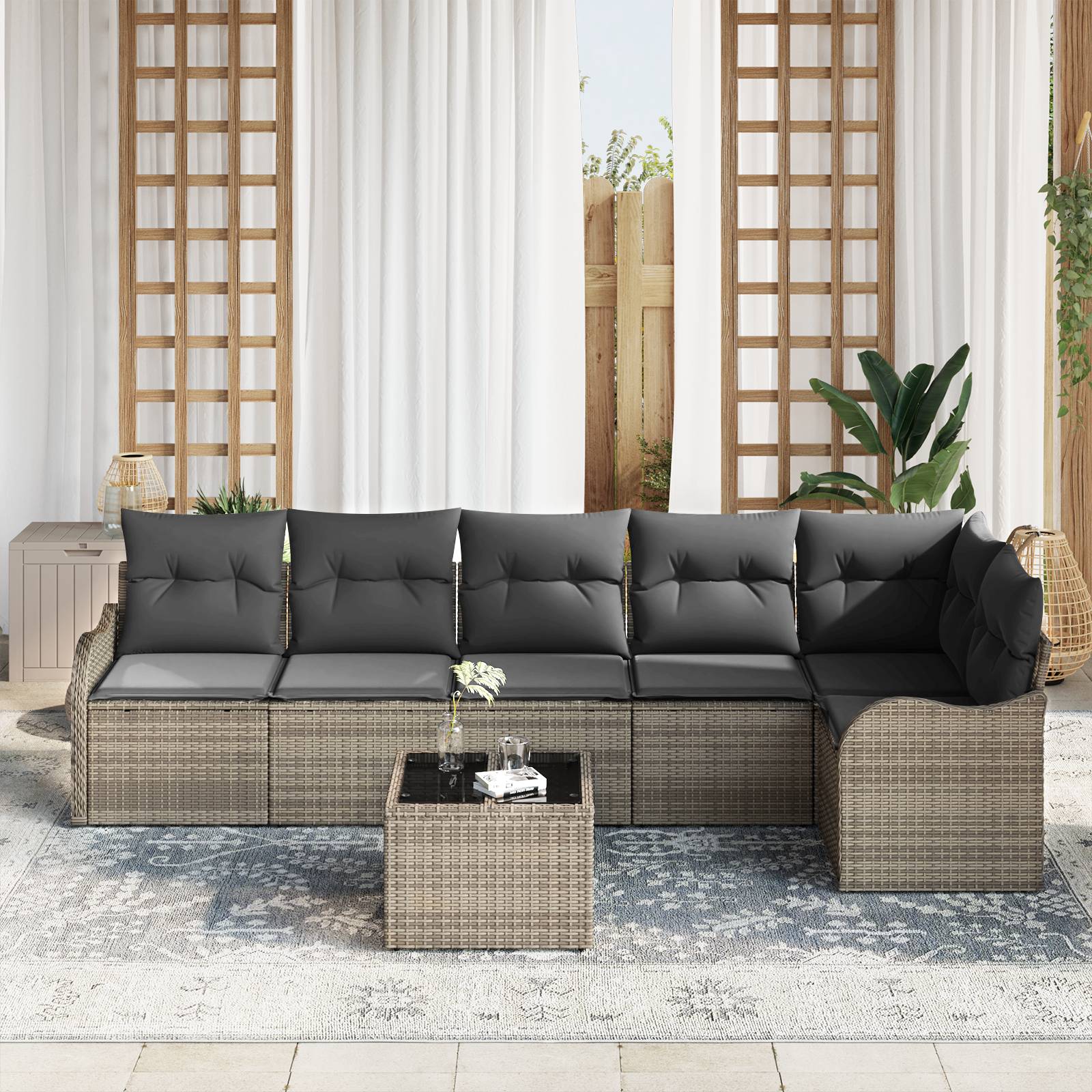 vidaXL 6-teiliges Garten Sofa Set mit Kissen Schwarz Poly Rattan