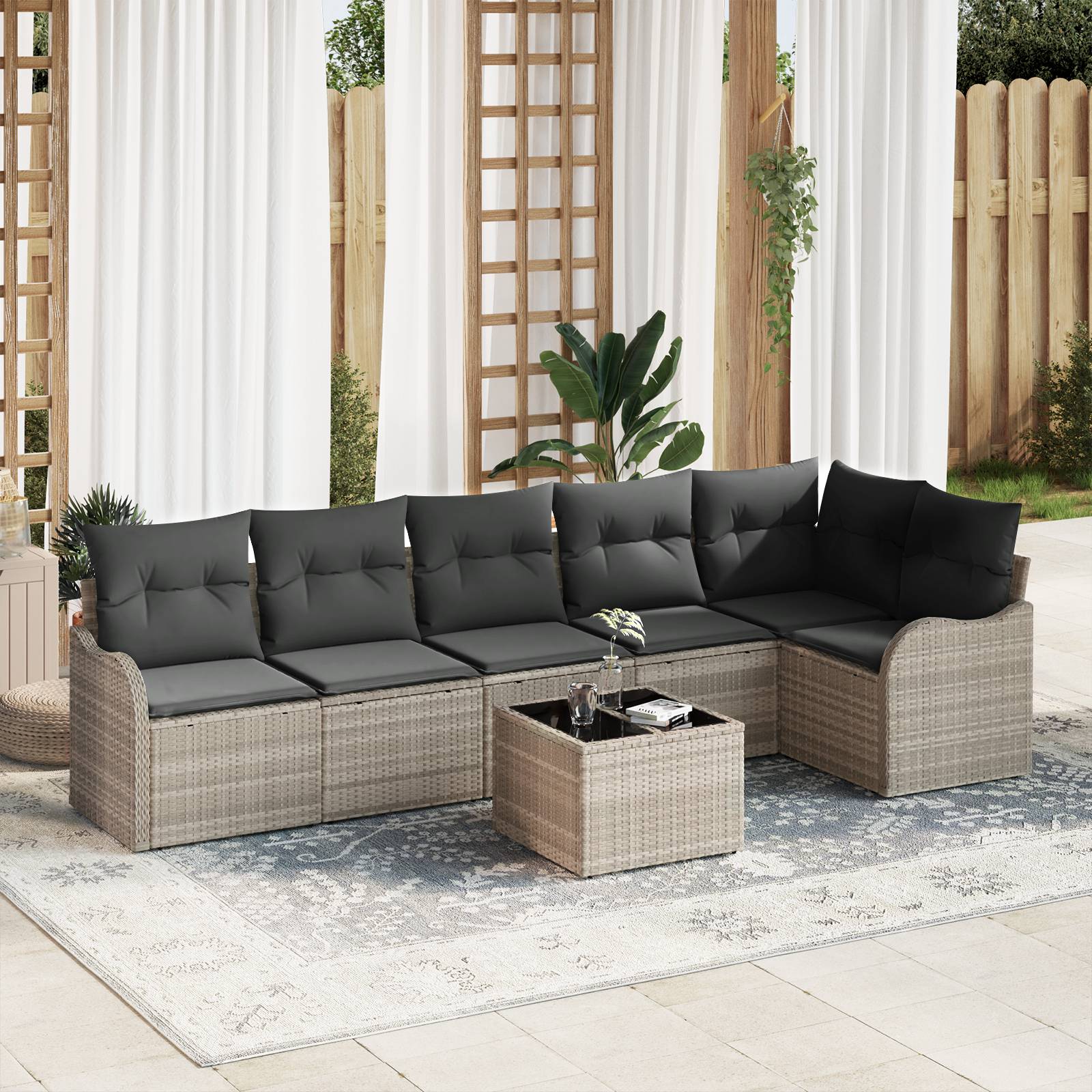 vidaXL 7-teiliges Garten-Sofa-Set mit Kissen, graues Poly-Rattan