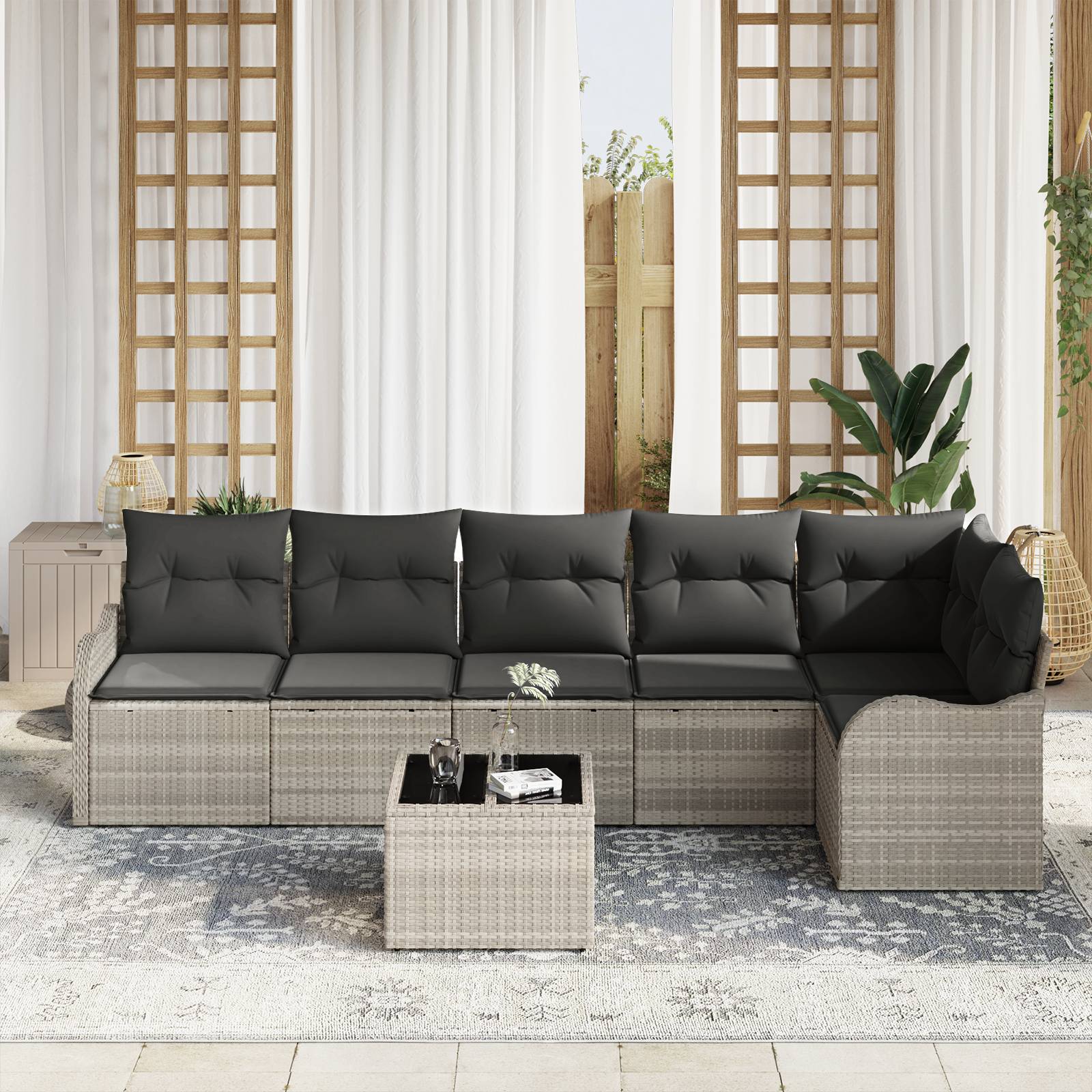 vidaXL 7-teiliges Garten-Sofa-Set mit Kissen, graues Poly-Rattan