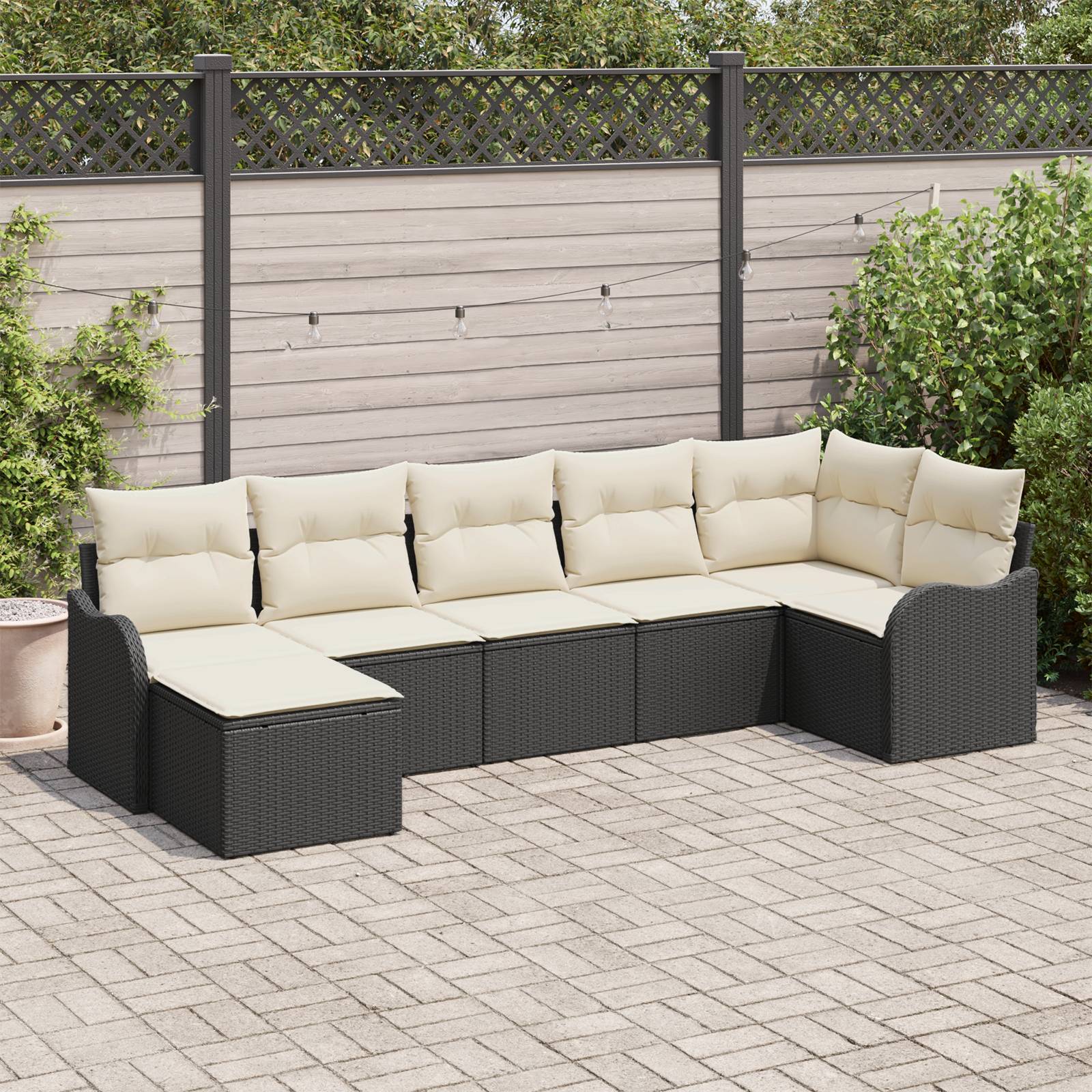 vidaXL 7-tlg. Garten-Sofagarnitur mit Kissen Schwarz Poly Rattan