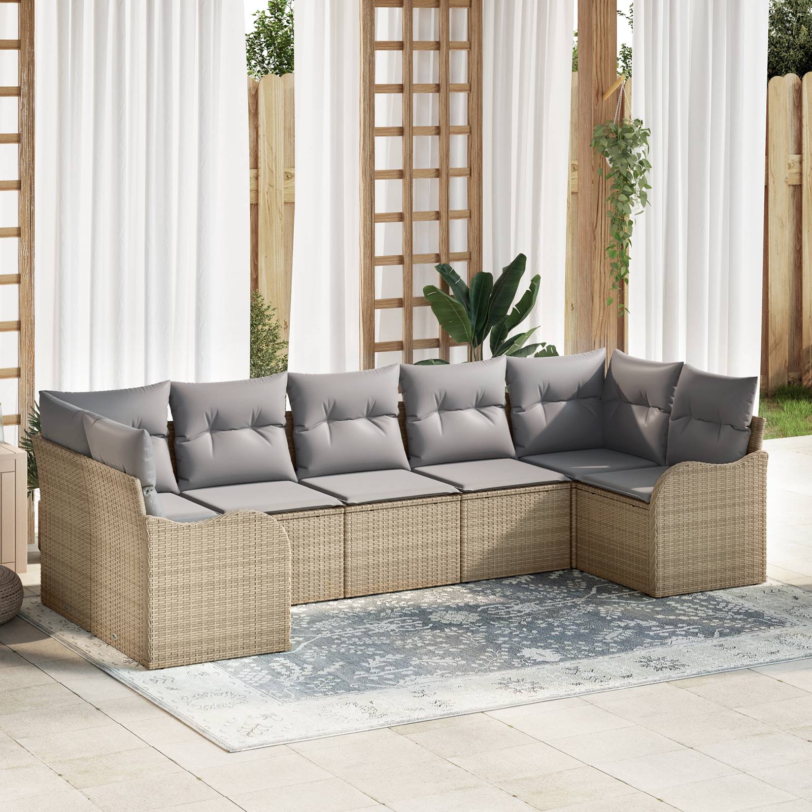vidaXL 7-teiliges Garten Sofa Set mit Kissen Beige Poly Rattan
