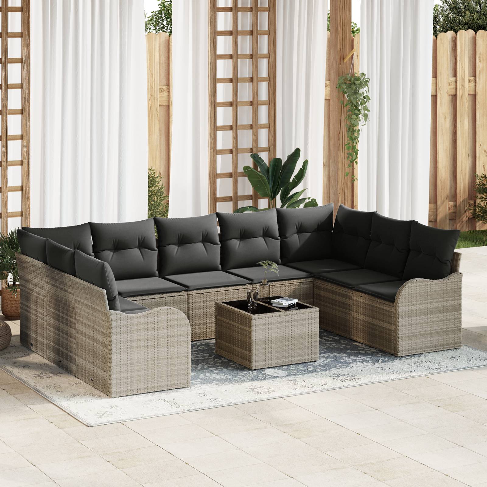 vidaXL 10-teiliges Garten-Sofa-Set mit Kissen Grau Poly Rattan