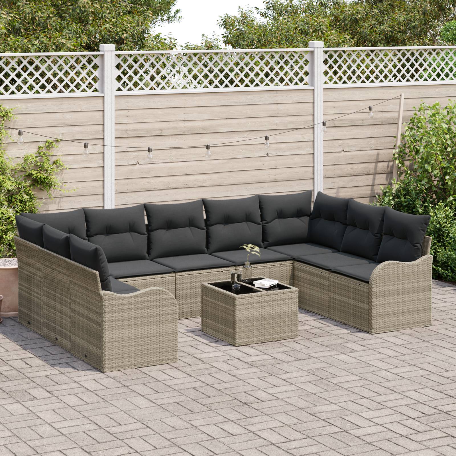 vidaXL 10-teiliges Garten-Sofa-Set mit Kissen Grau Poly Rattan