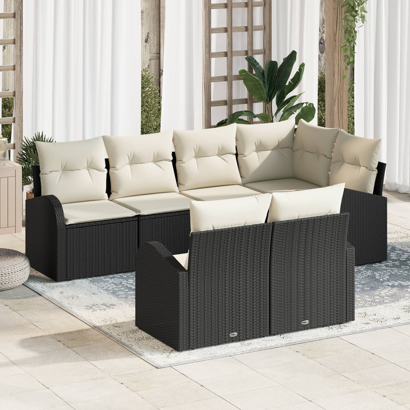 vidaXL 7-teiliges Garten Sofa Set mit Kissen Schwarz Poly Rattan