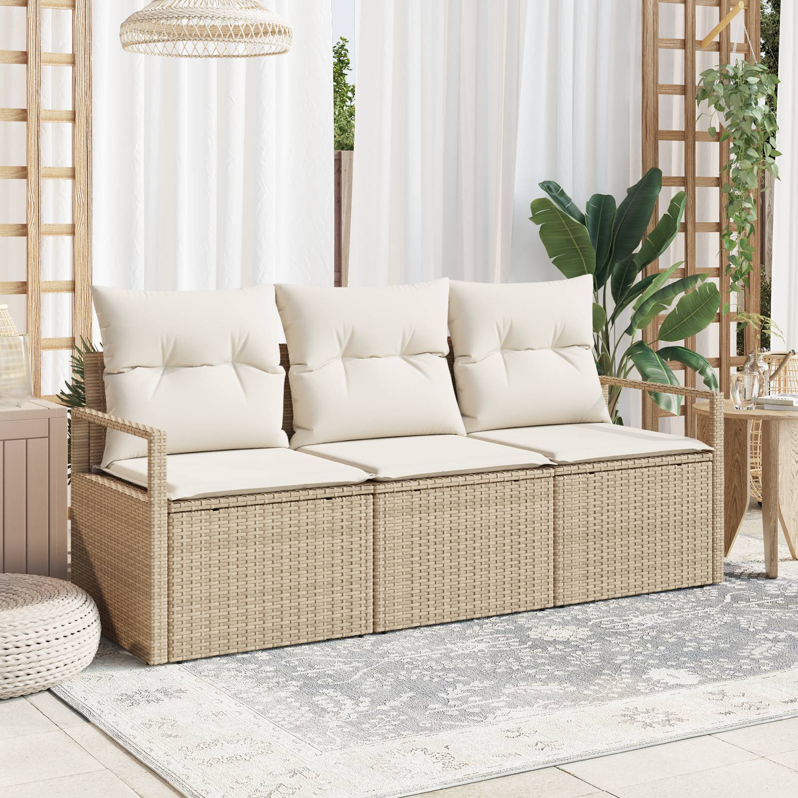 vidaXL 3-teilige Garten-Sofa-Gruppe mit Kissen Beige Poly Rattan