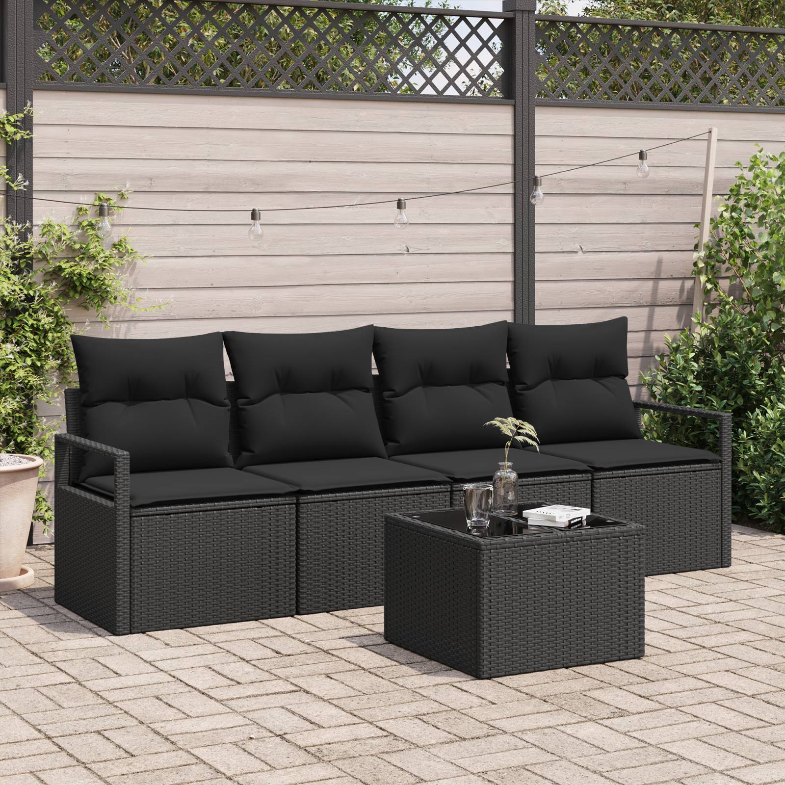 vidaXL 5-teiliges Garten-Sofa-Set mit Kissen Schwarz Poly Rattan