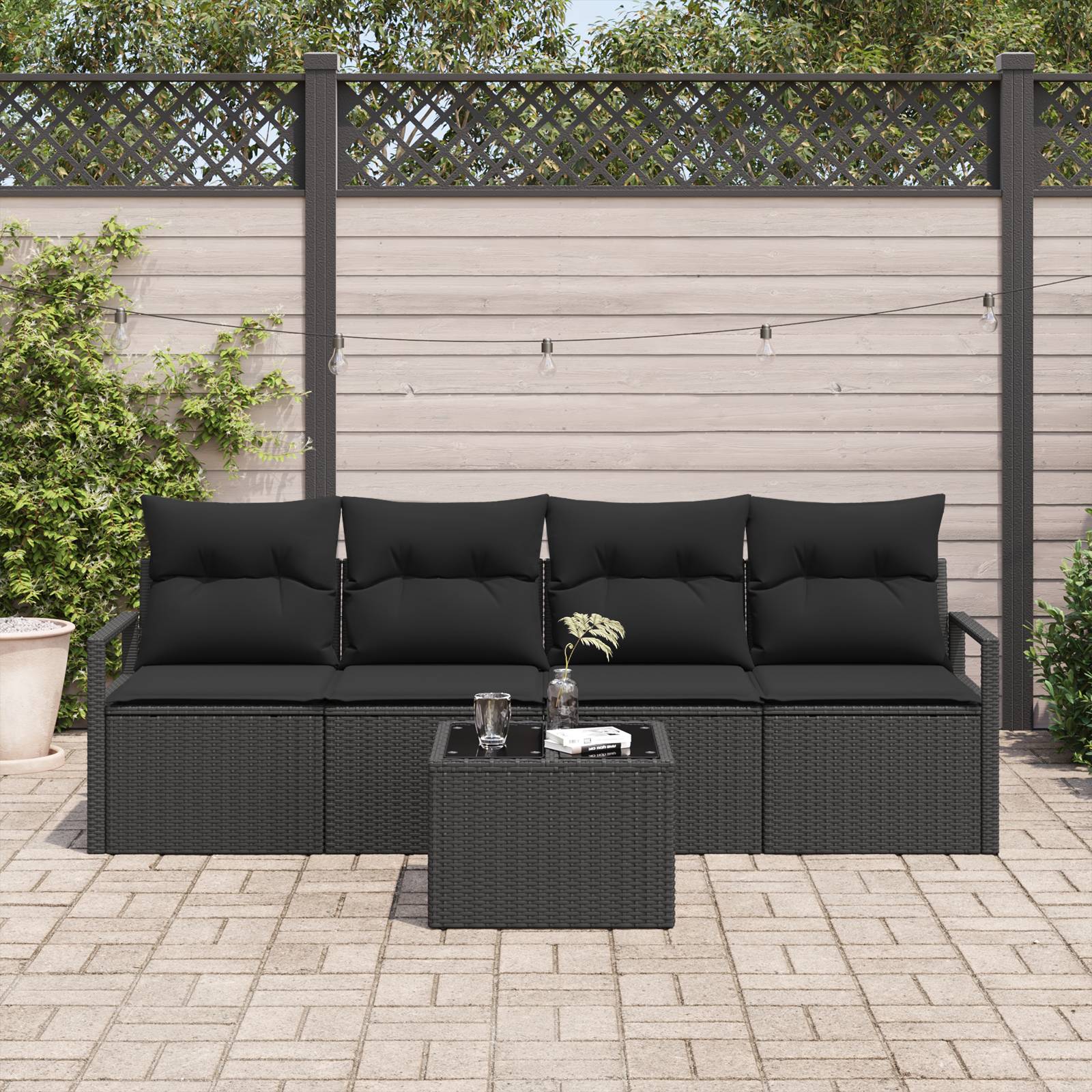 vidaXL 5-teiliges Garten-Sofa-Set mit Kissen Schwarz Poly Rattan