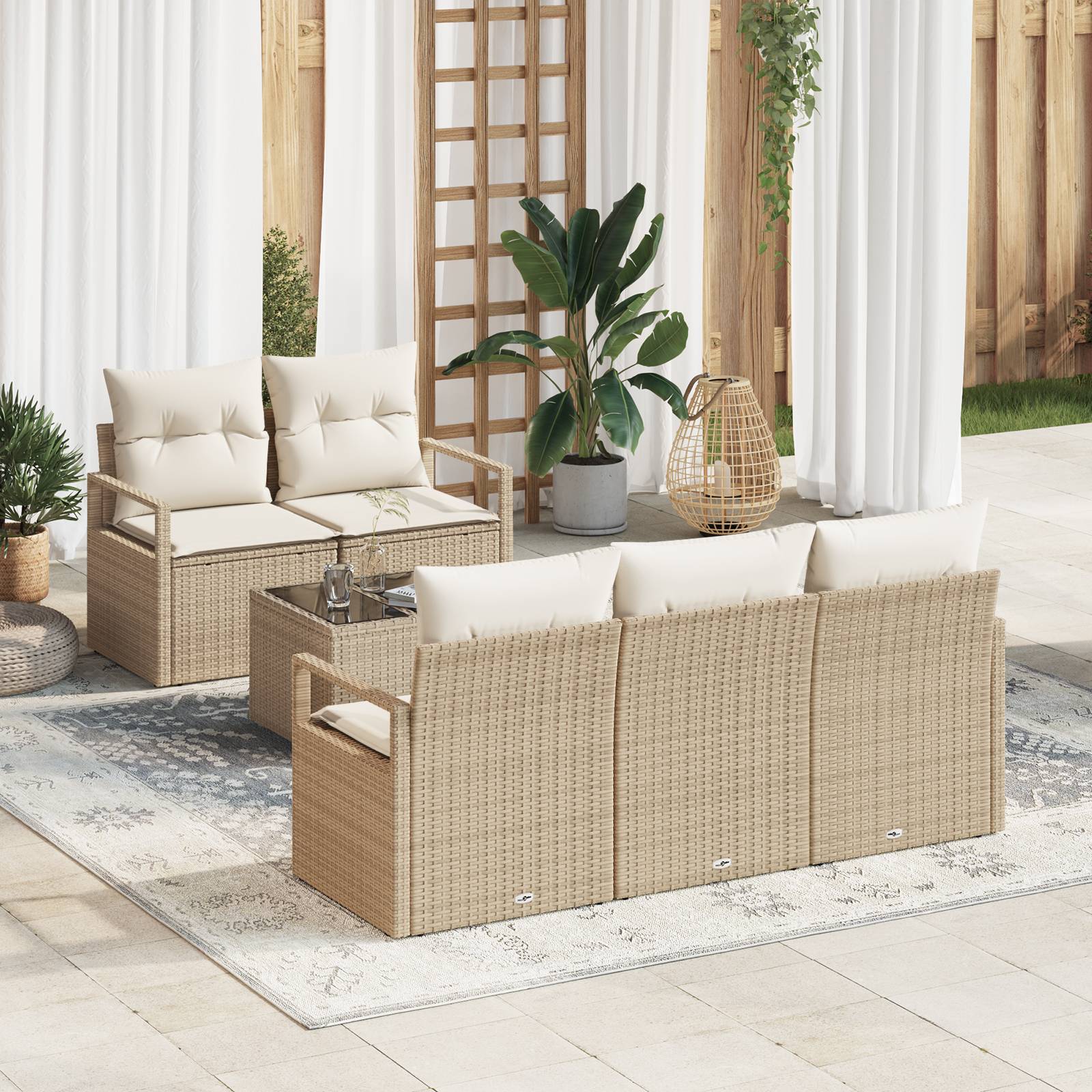 vidaXL 6-teiliges Garten-Sofaset mit Kissen Beige Poly-Rattan