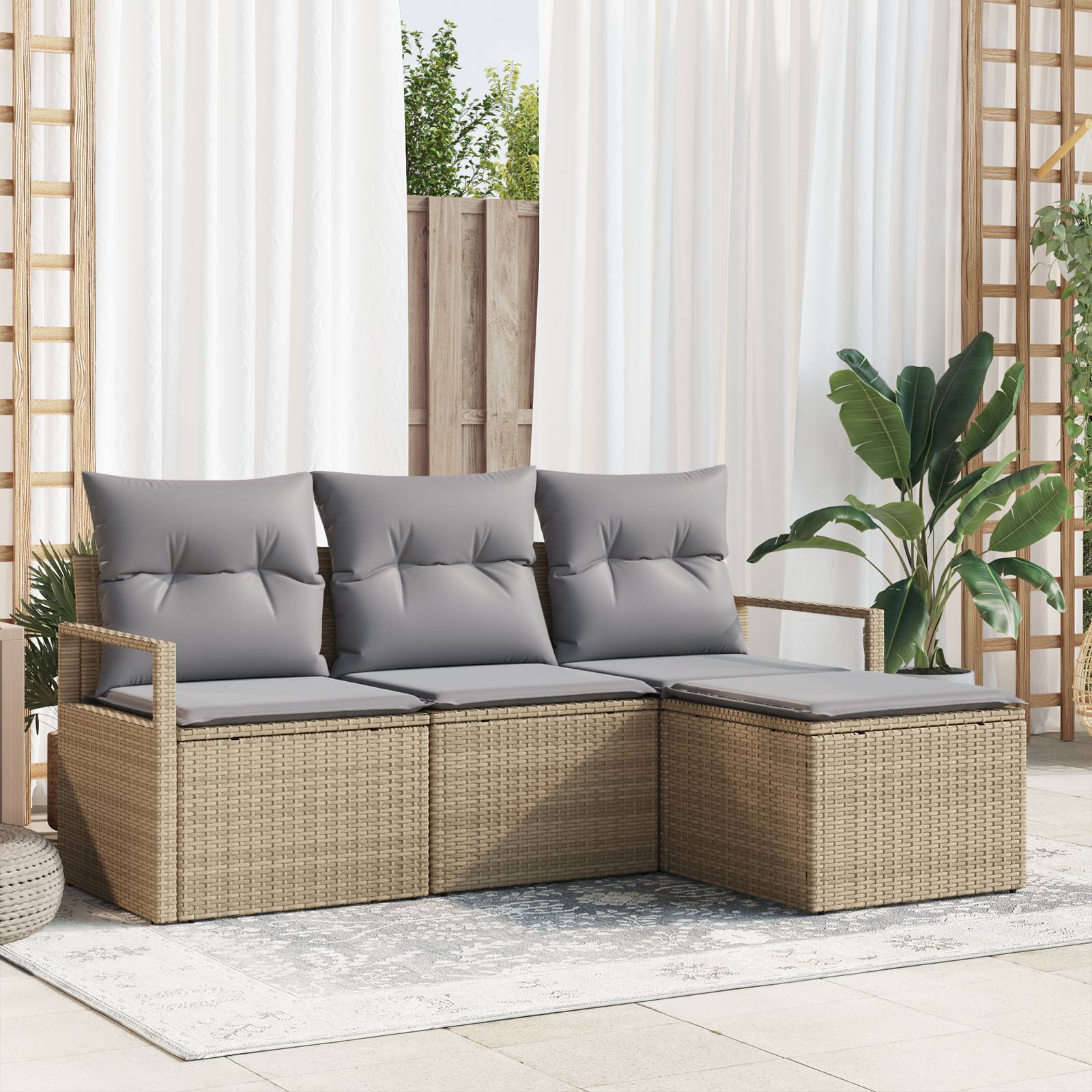 vidaXL 4-teilige Garten Sofa Set mit Kissen Beiges Poly Rattan