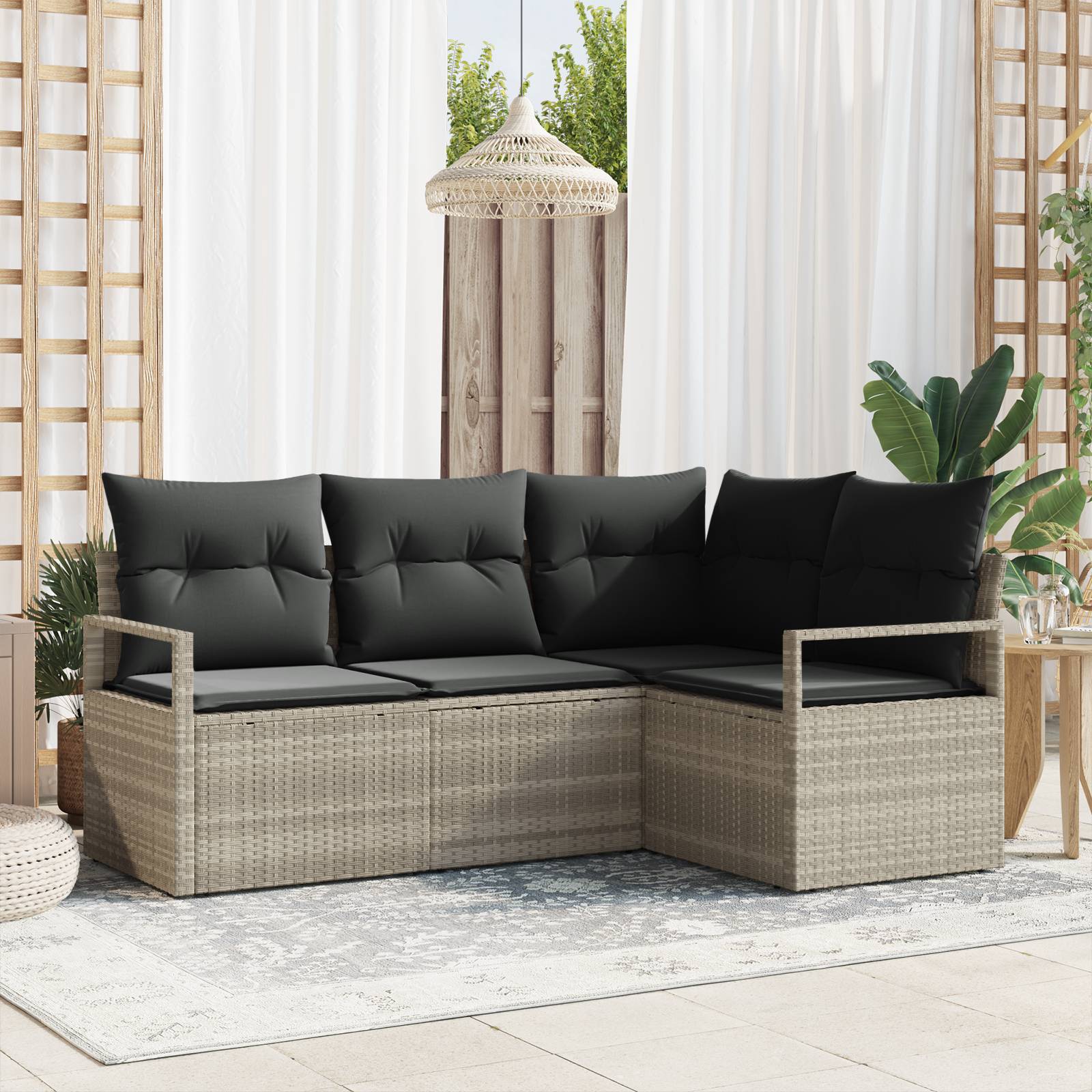 vidaXL 4-teiliges Garten-Sofa-Set mit Kissen Hellgrau Poly-Rattan