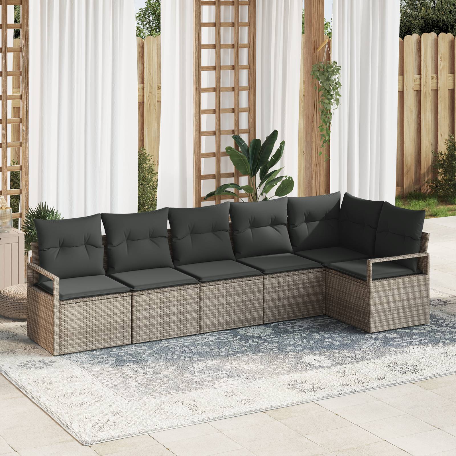 vidaXL 6-teiliges Garten-Sofa-Set mit Kissen Grau Poly-Rattan
