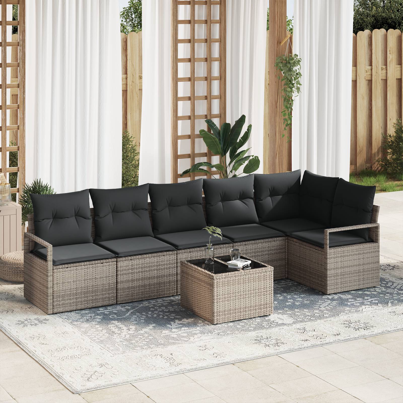 vidaXL 6-tlg. Garten-Sofagarnitur mit Kissen Schwarz Poly Rattan